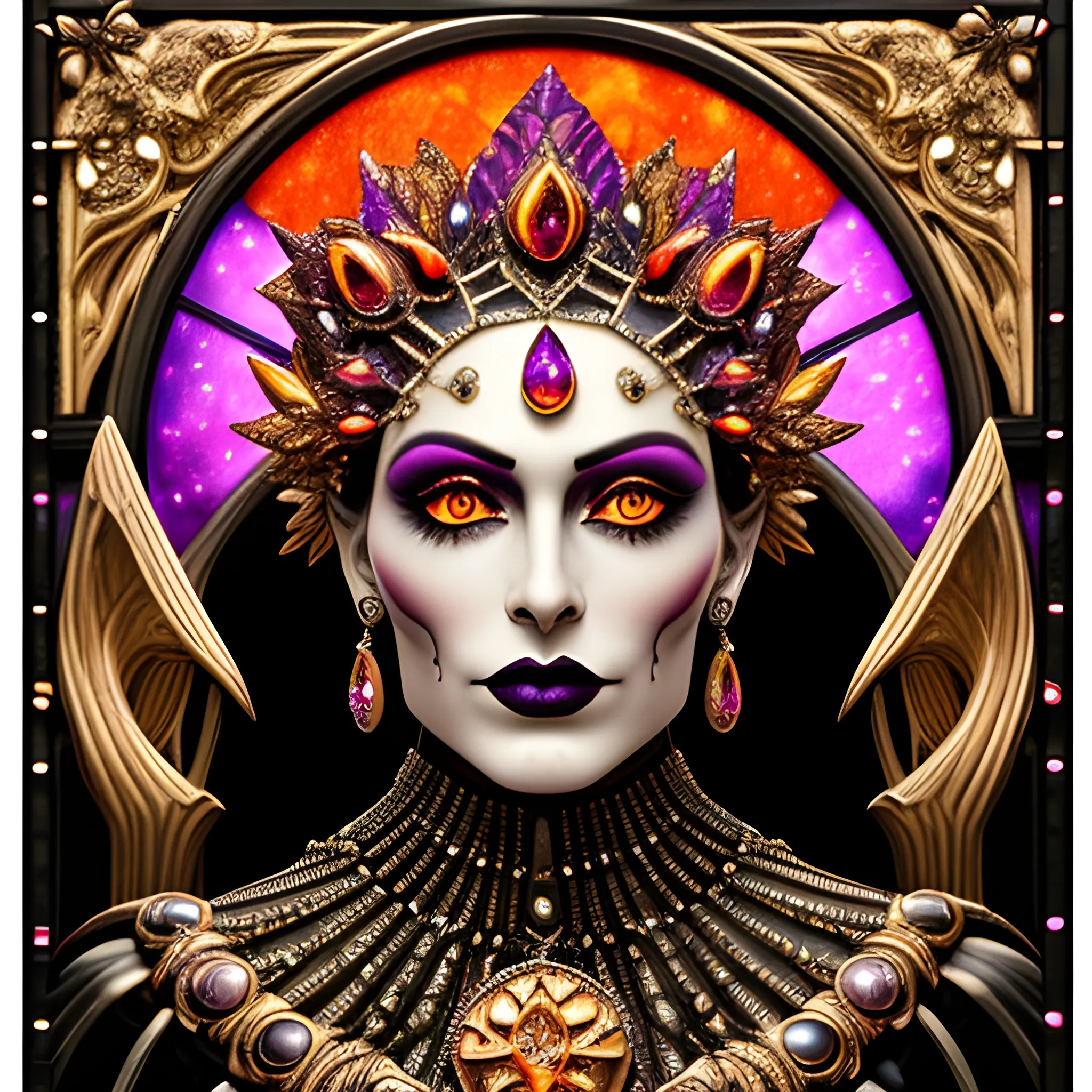 hyperdetailed face; 3D embossed textured image; bleak, dismal, dark ominous hues, contrast, vintage, elegant details, a celestial hermit facing the viewer with a highly detailed gaunt face and an ornate staff stands on a pink gold hill gazing down at a faraway village, stained glass, agate with pewter, foil lametta; autumn, leaves, nebula star full orange blood moon, pink orange yellow nebula sky, sunstone, spinel, fire opal, Rhodolite, pearls, skulls, sequins, gemstones, perfect anatomy