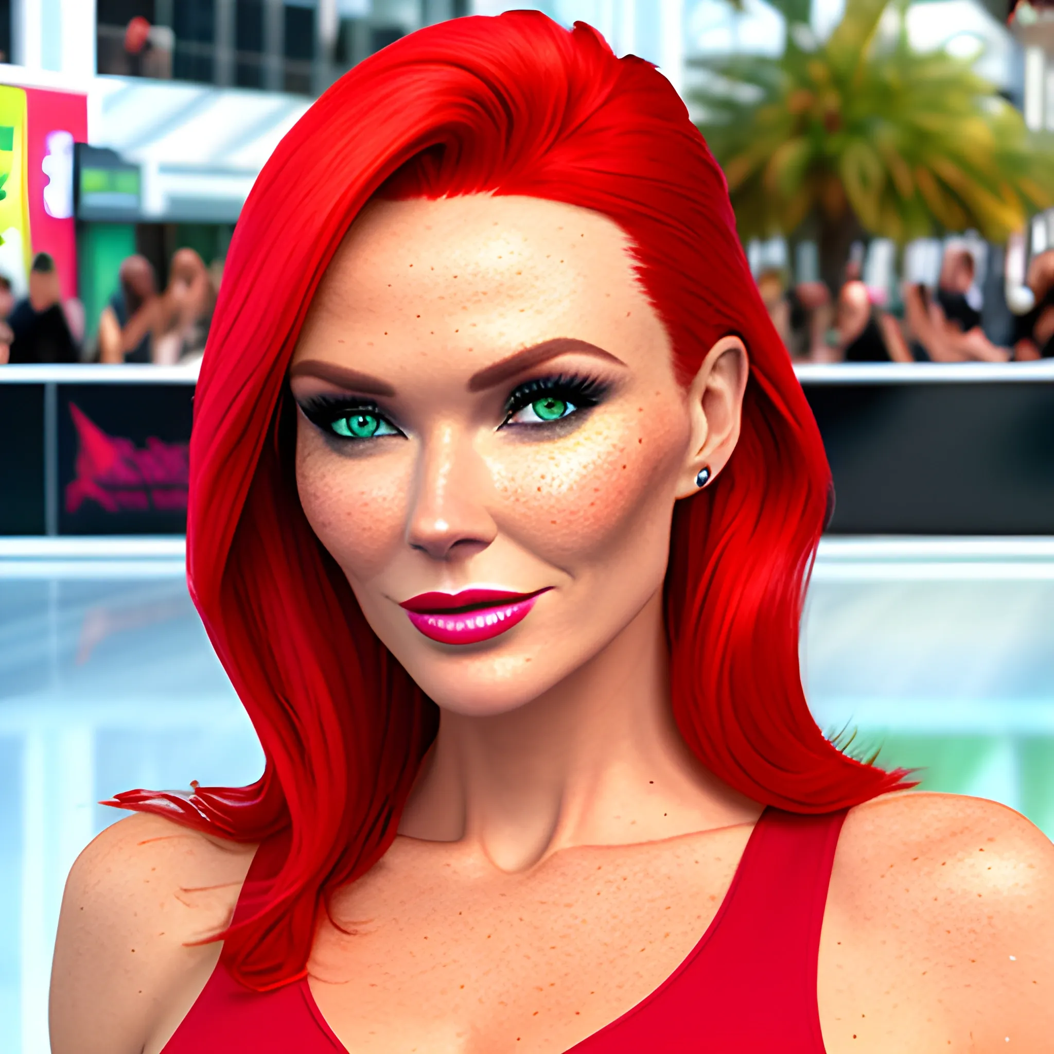 one woman, one image, no split; Amanda Holden / Shanina Shaik / Elsa Hosk face morph, 3D, red hair, green eyes, freckles, 90's mall background, skate park