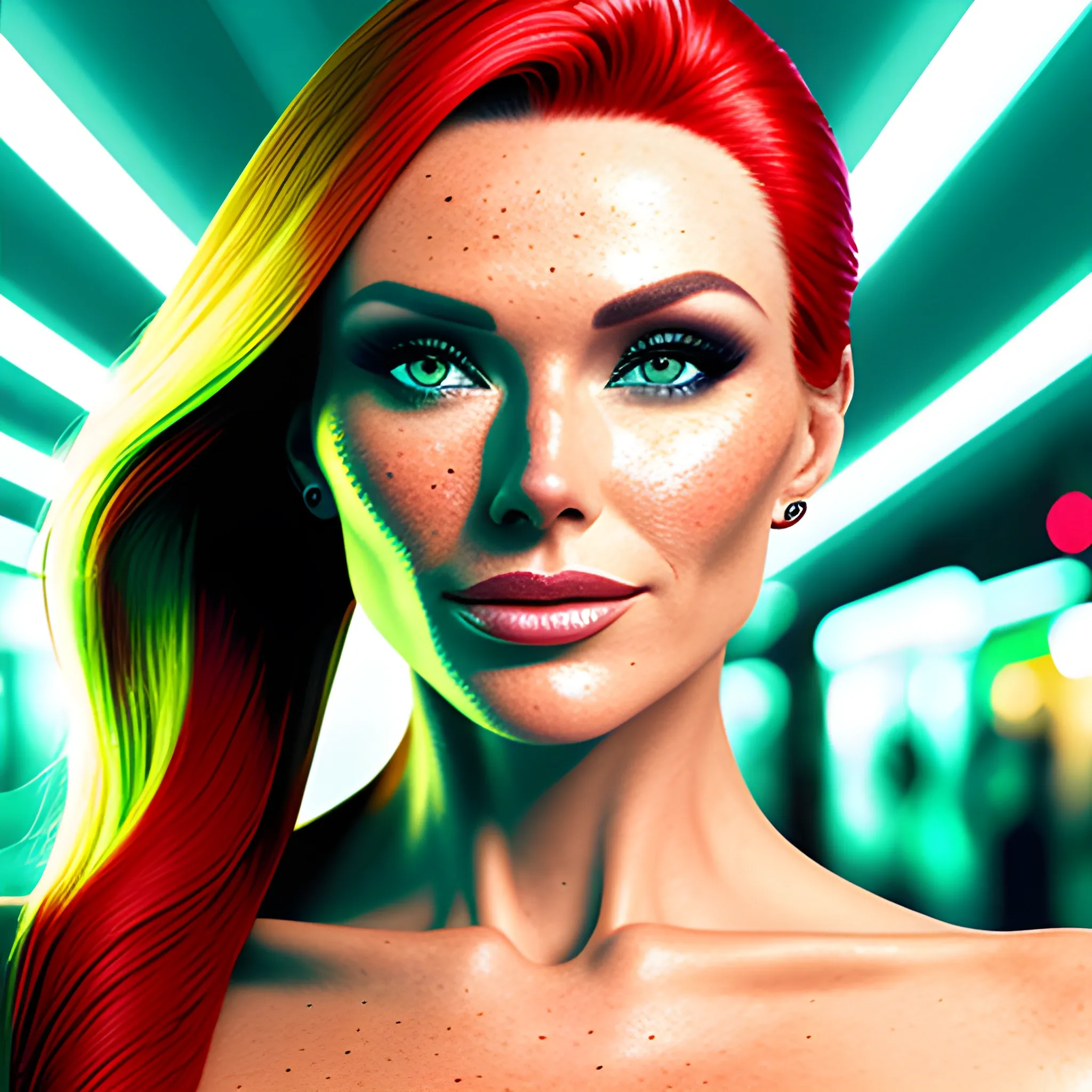 one woman, one image, no split; Amanda Holden / Shanina Shaik / Elsa Hosk face morph, 3D, red hair, green eyes, freckles, 90's mall background, skate park