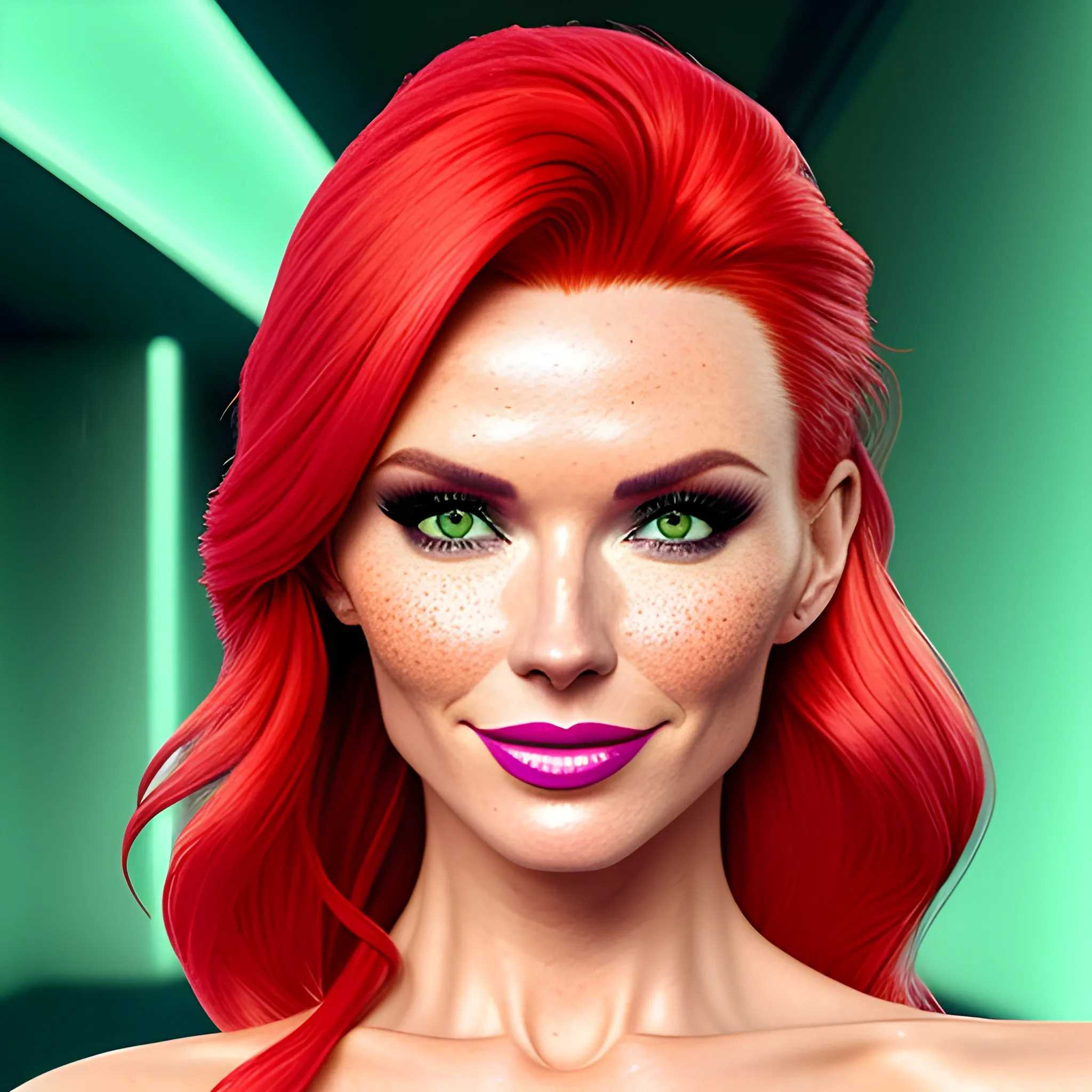 one woman, one image, no split; Amanda Holden / Shanina Shaik / Elsa Hosk face morph, 3D, red hair, green eyes, freckles, 90's mall background, skate park