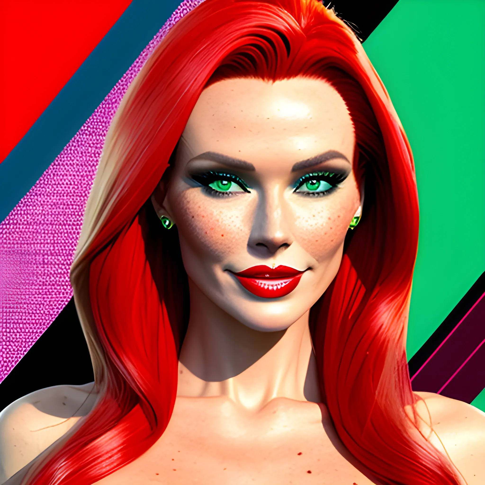 one woman, one image, no split; Amanda Holden / Shanina Shaik / Elsa Hosk face morph, 3D, red hair, green eyes, freckles, 90's mall background, skate park