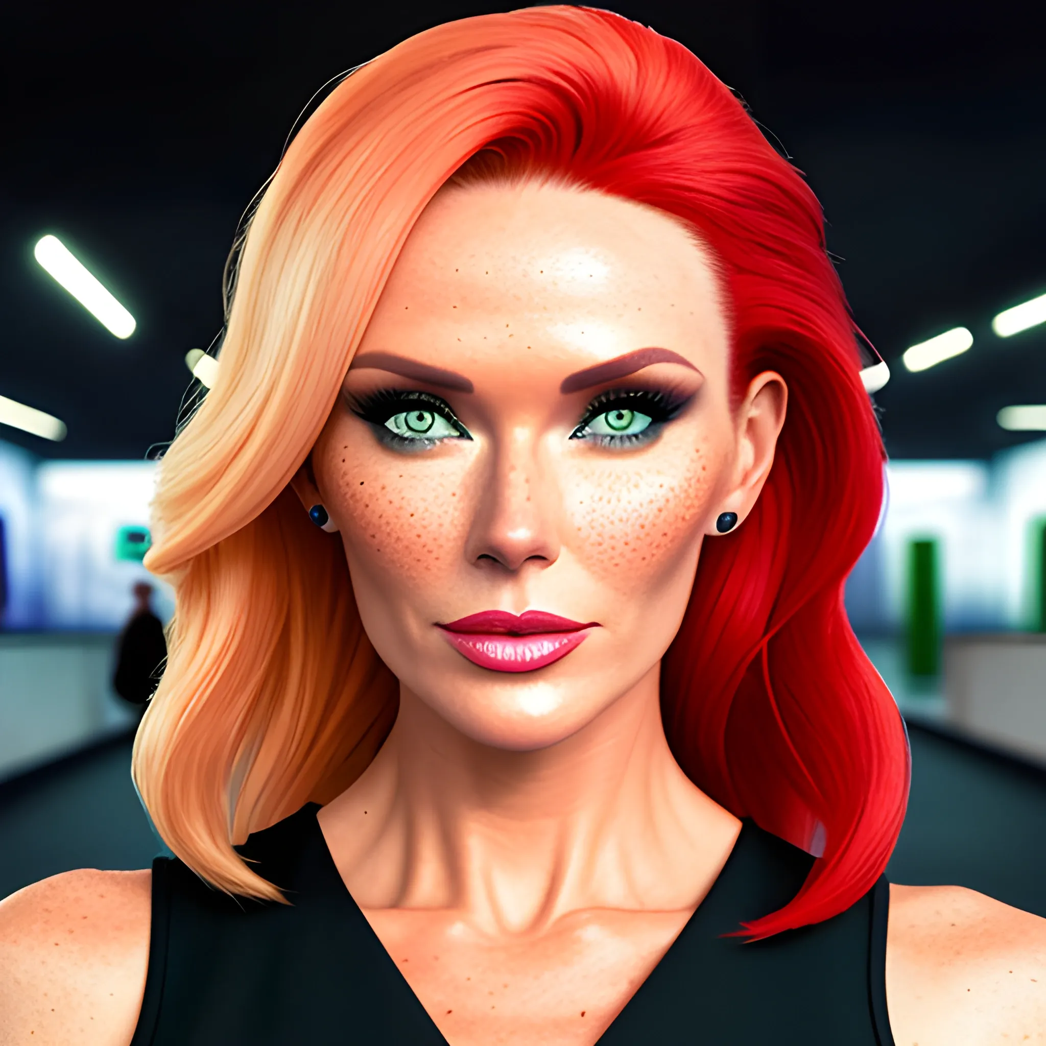 one woman, one image, no split; Amanda Holden / Shanina Shaik / Elsa Hosk face morph, 3D, red hair, green eyes, freckles, 90's mall background, skate park