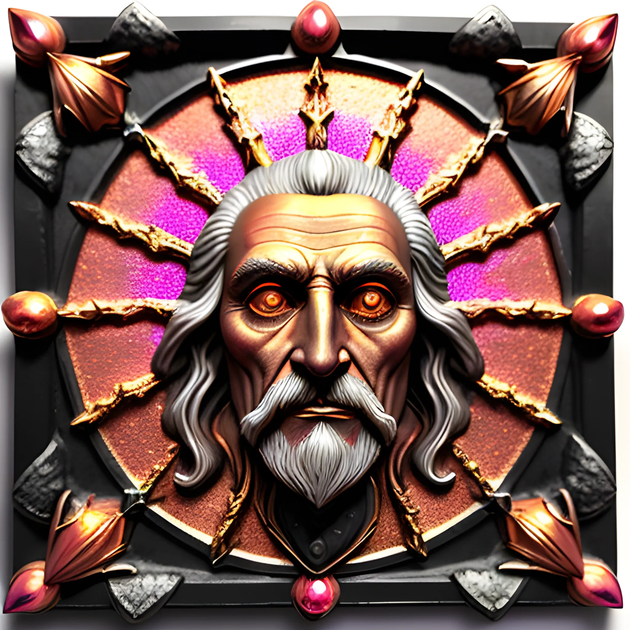 old man hyperdetailed face; 3D embossed textured image; bleak, dismal, dark ominous hues, contrast, vintage, elegant details, a celestial old man wizard facing the viewer with a highly detailed gaunt face and an ornate staff stands on a pink gold hill gazing down at a faraway village, stained glass, agate with pewter, foil lametta; autumn, leaves, nebula star full orange blood moon, pink orange yellow nebula sky, sunstone, spinel, fire opal, Rhodolite, pearls, sequins, gemstones, perfect anatomy