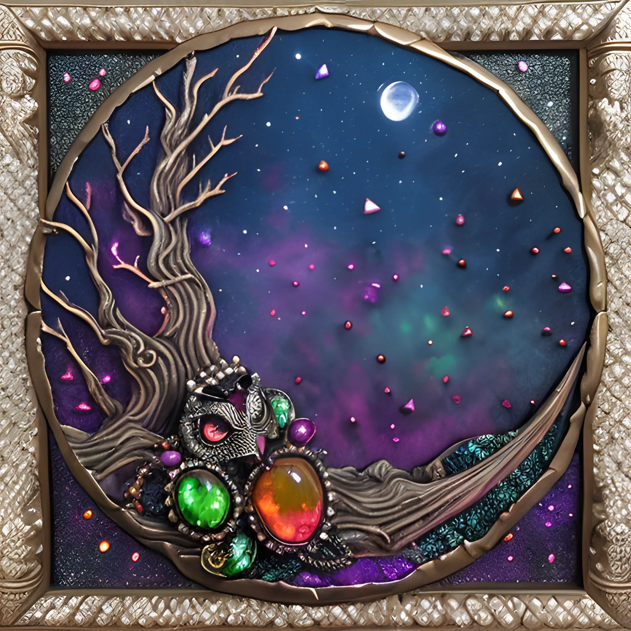 hyperdetailed face; 3D embossed textured image; bleak, dismal, dark ominous hues, contrast, vintage, elegant details, aquarelle painting, 3D abstract Owl stopped on the huge trunk, and there was a faint light in the dilapidated farmhouse. An old pine forest creaks and rocks in the background under a crescent moon in a nebula sky, stained glass, stars, agate with pewter, foil lametta; autumn, leaves, full orange blood moon, sparkles, stars, glitter, purple blue green nebula sky, sunstone, spinel, fire opal, Rhodolite, pearls, skulls, sequins, gemstones, beads, glitter, bats, pumpkins, stars 