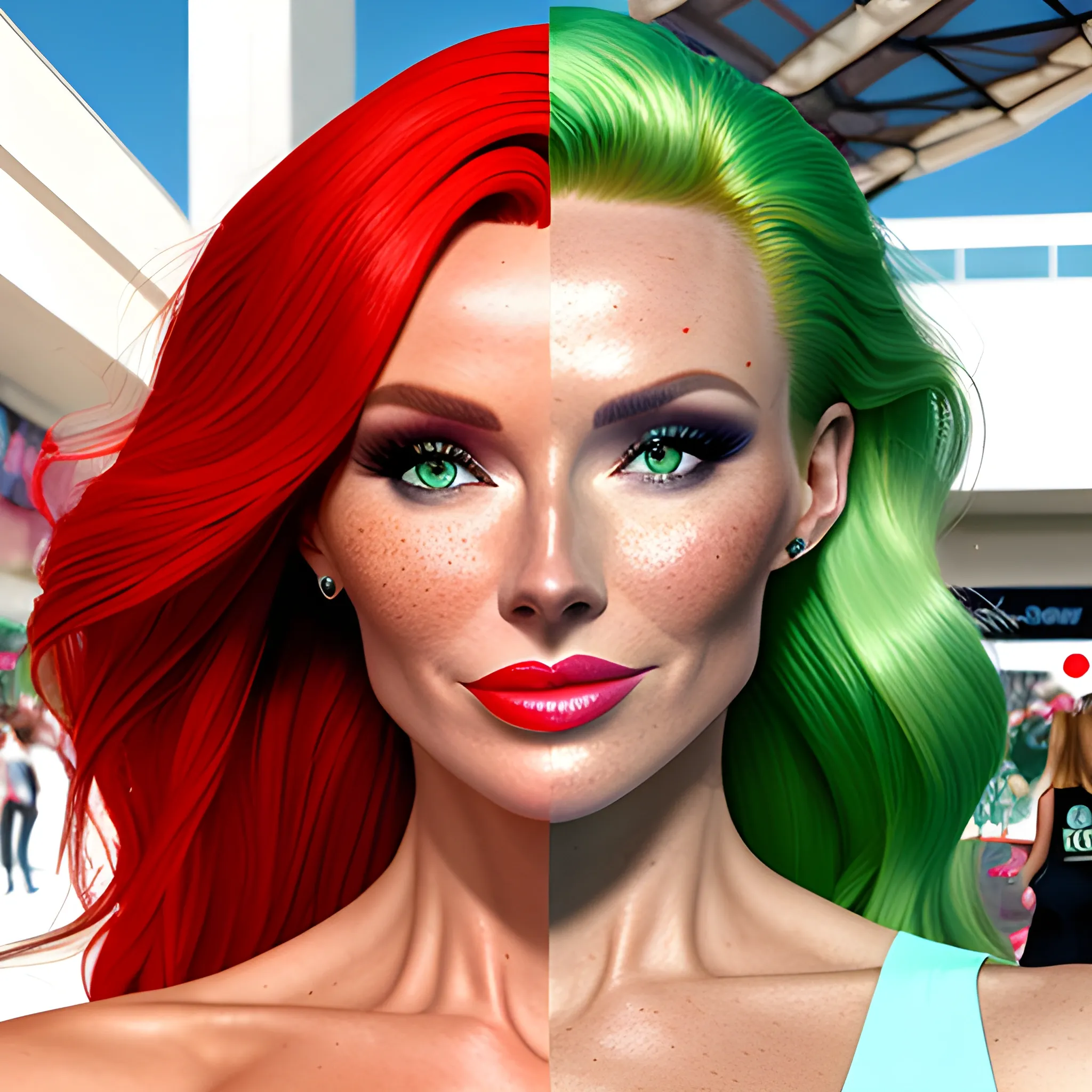 one woman, one image, no split; Amanda Holden / Shanina Shaik / Elsa Hosk face morph, 3D, red hair, green eyes, freckles, 90's mall background, skate park