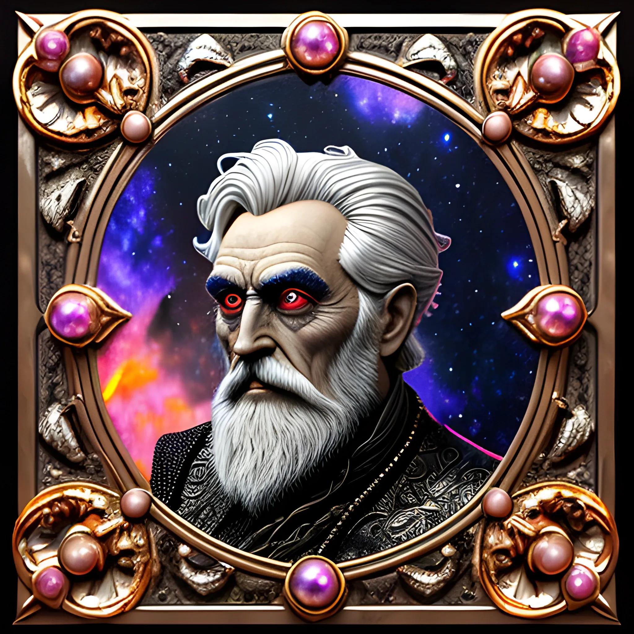 old man hyperdetailed face; 3D embossed textured image; bleak, dismal, dark ominous hues, contrast, vintage, elegant details, a celestial old man wizard facing the viewer with a highly detailed gaunt face and an ornate staff stands on a pink gold hill gazing down at a faraway village, stained glass, agate with pewter, foil lametta; autumn, leaves, nebula star full orange blood moon, pink orange yellow nebula sky, sunstone, spinel, fire opal, Rhodolite, pearls, sequins, gemstones, perfect anatomy