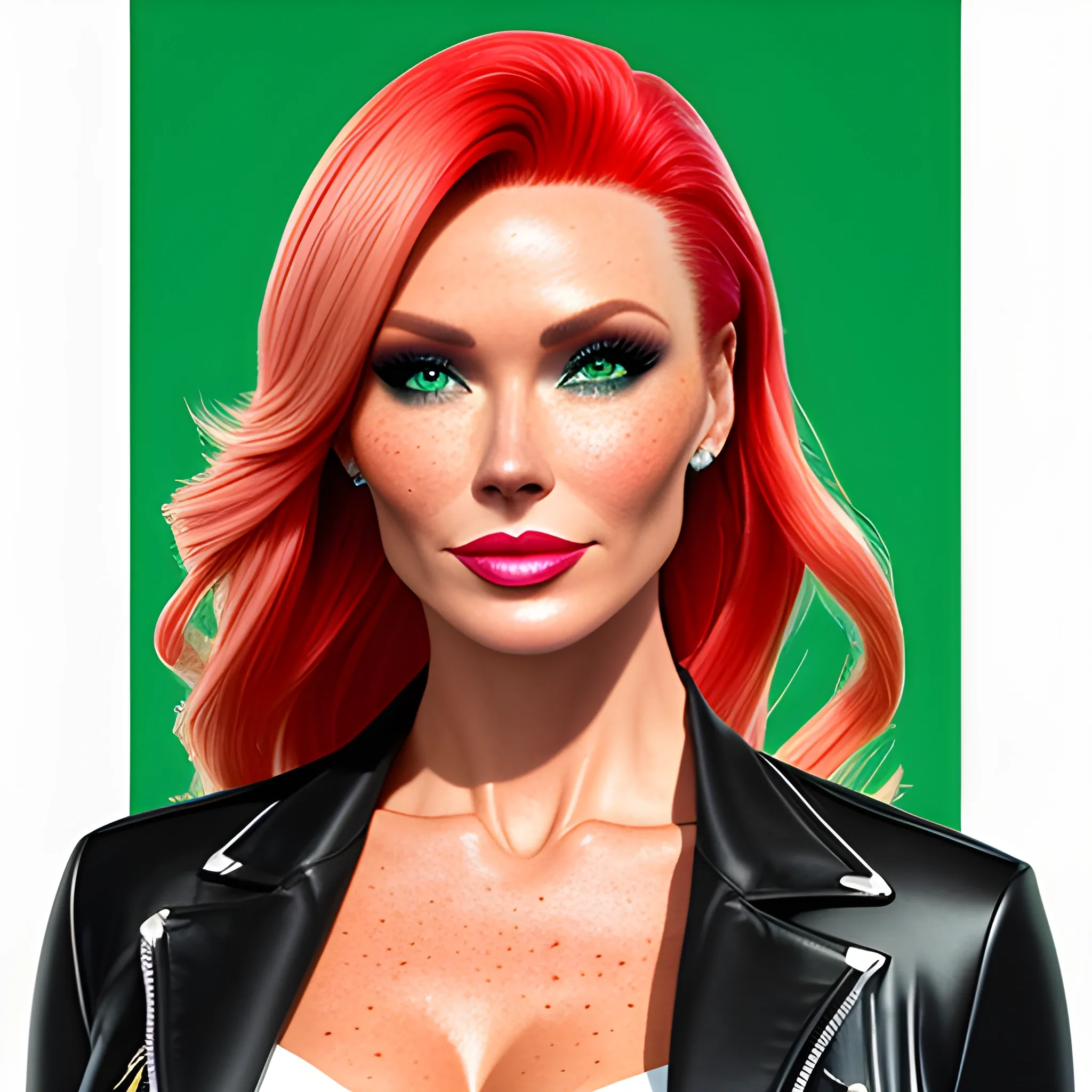 one woman, one image, no split; Amanda Holden / Shanina Shaik / Elsa Hosk face morph, 3D, red hair, green eyes, freckles, 90's mall background, skate park