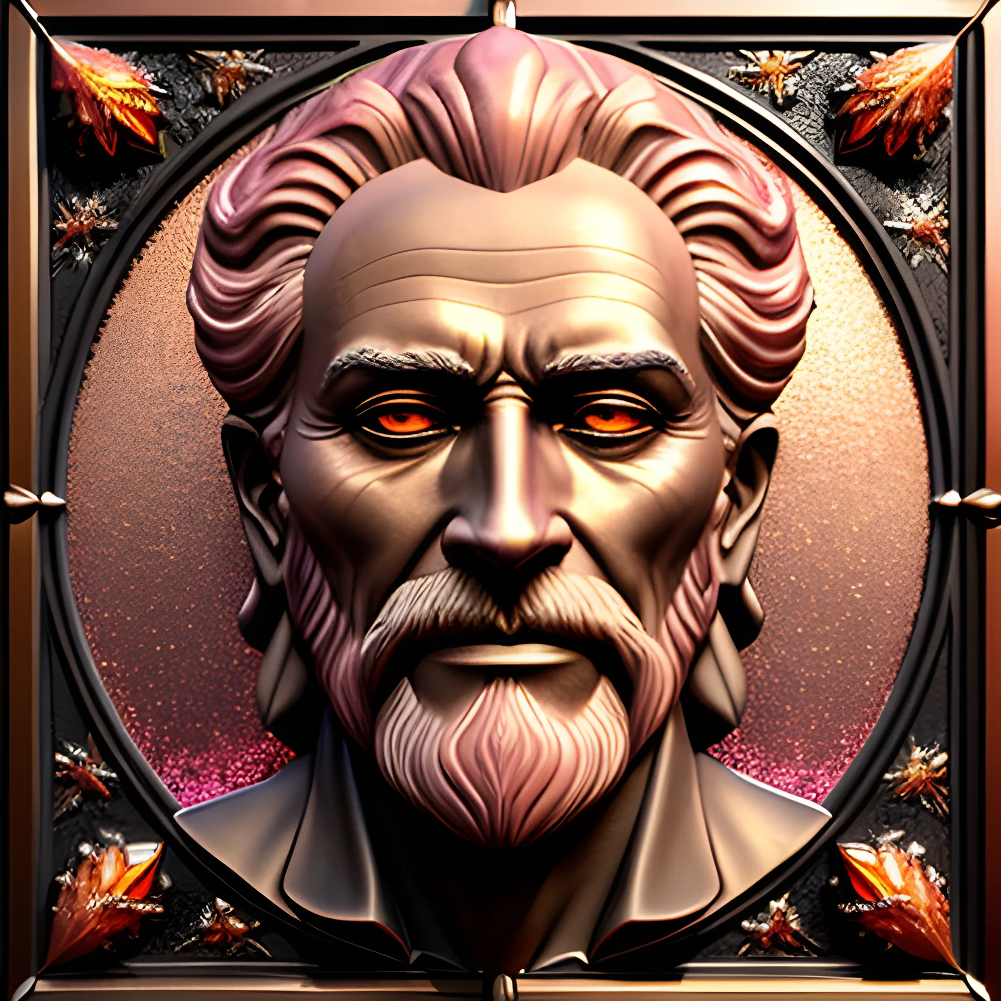 old man hyperdetailed face; 3D embossed textured image; bleak, dismal, dark ominous hues, contrast, vintage, elegant details, a celestial old man wizard facing the viewer with a highly detailed gaunt face and an ornate staff stands on a pink gold hill gazing down at a faraway village, stained glass, agate with pewter, foil lametta; autumn, leaves, nebula star full orange blood moon, pink orange yellow nebula sky, sunstone, spinel, fire opal, Rhodolite, pearls, sequins, gemstones, perfect anatomy