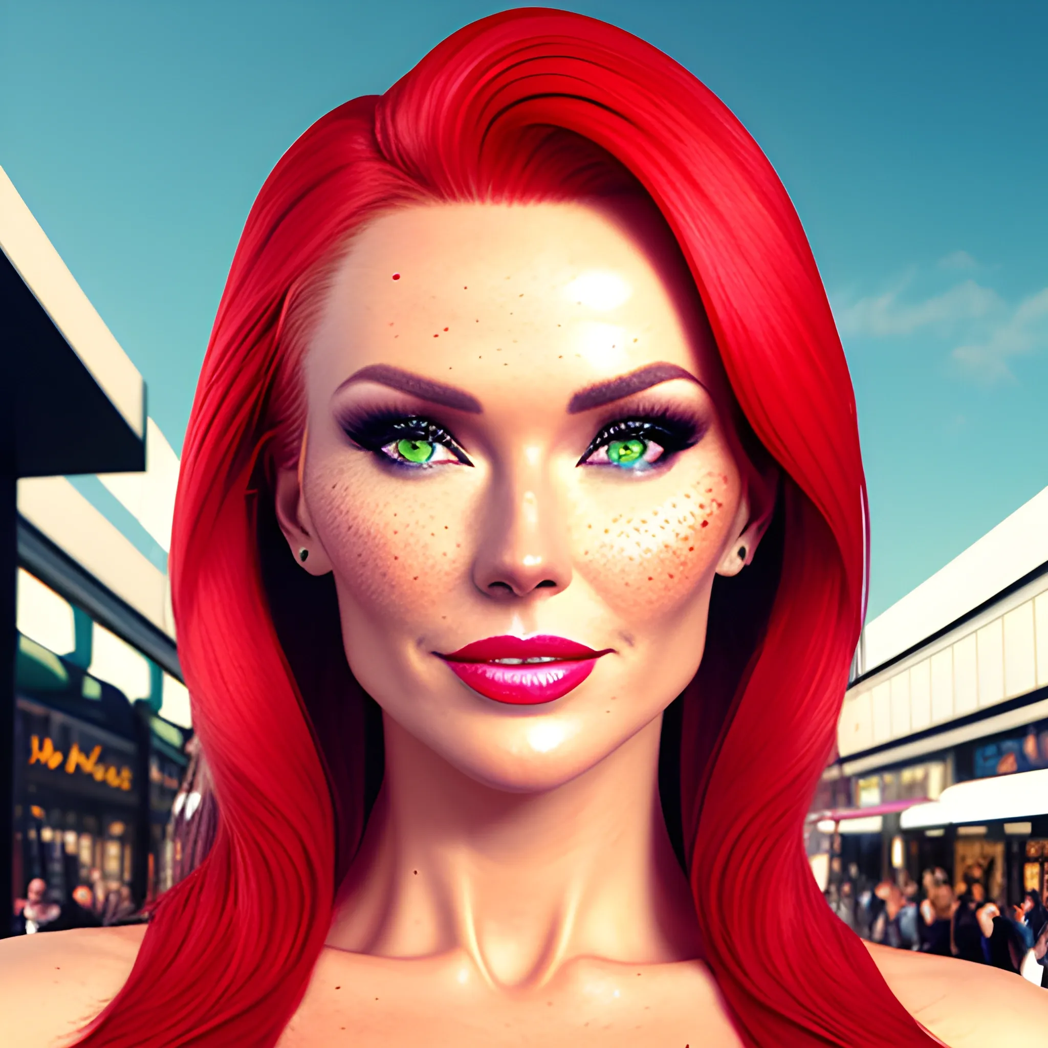 one woman, one image, no split; Amanda Holden / Shanina Shaik / Elsa Hosk face morph, 3D, red hair, green eyes, freckles, 90's mall background, skate park