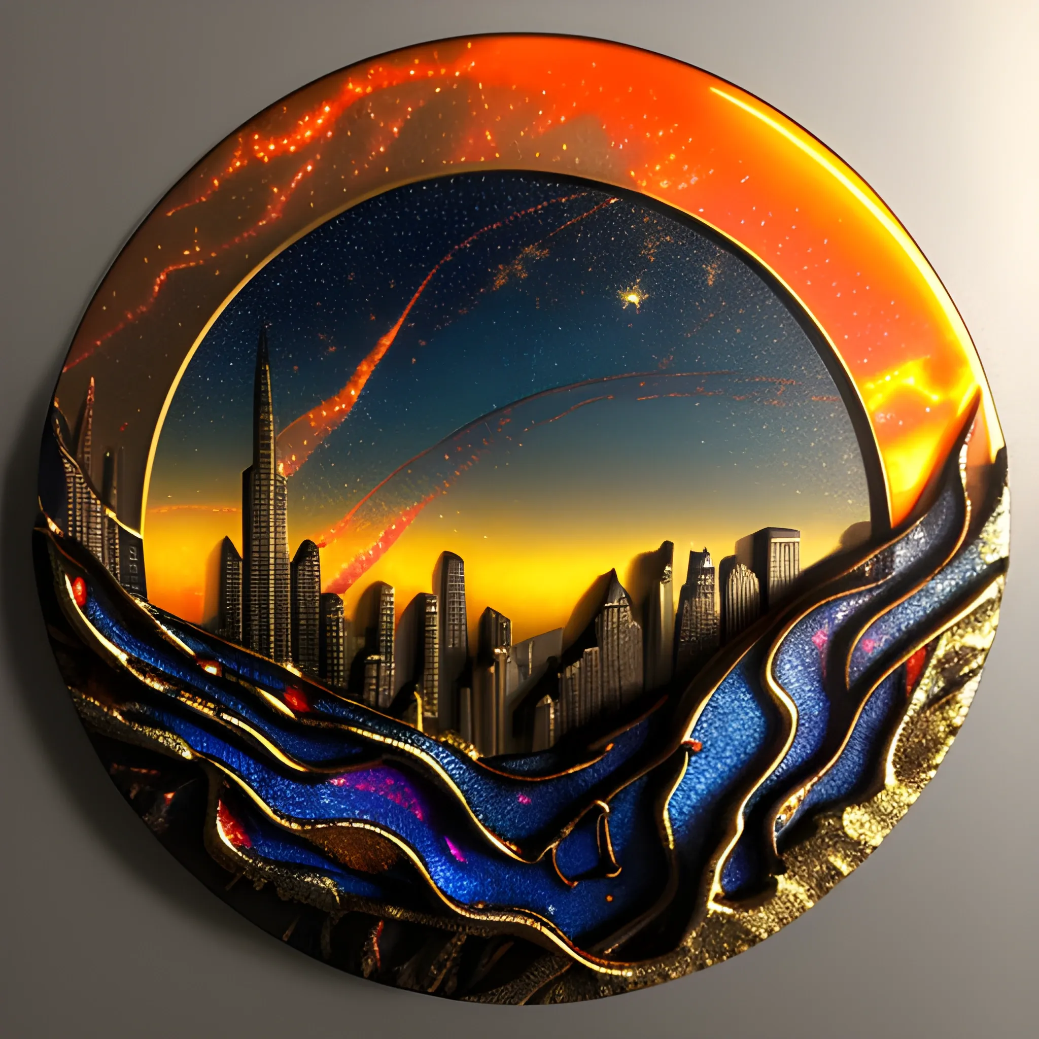 round 3D embossed textured ethereal image, a cityscape on the distant horizon, in molten lava; made of stained glass, agate with gold foil highlights, coals. red, orange, yellow, blue, silver, grey, black; 3D, fire, flames, smoke, nebula sky, small crescent moon, starry night, glowing embers, gold smoke, sparks, realistic, sharp lines, extreme detail