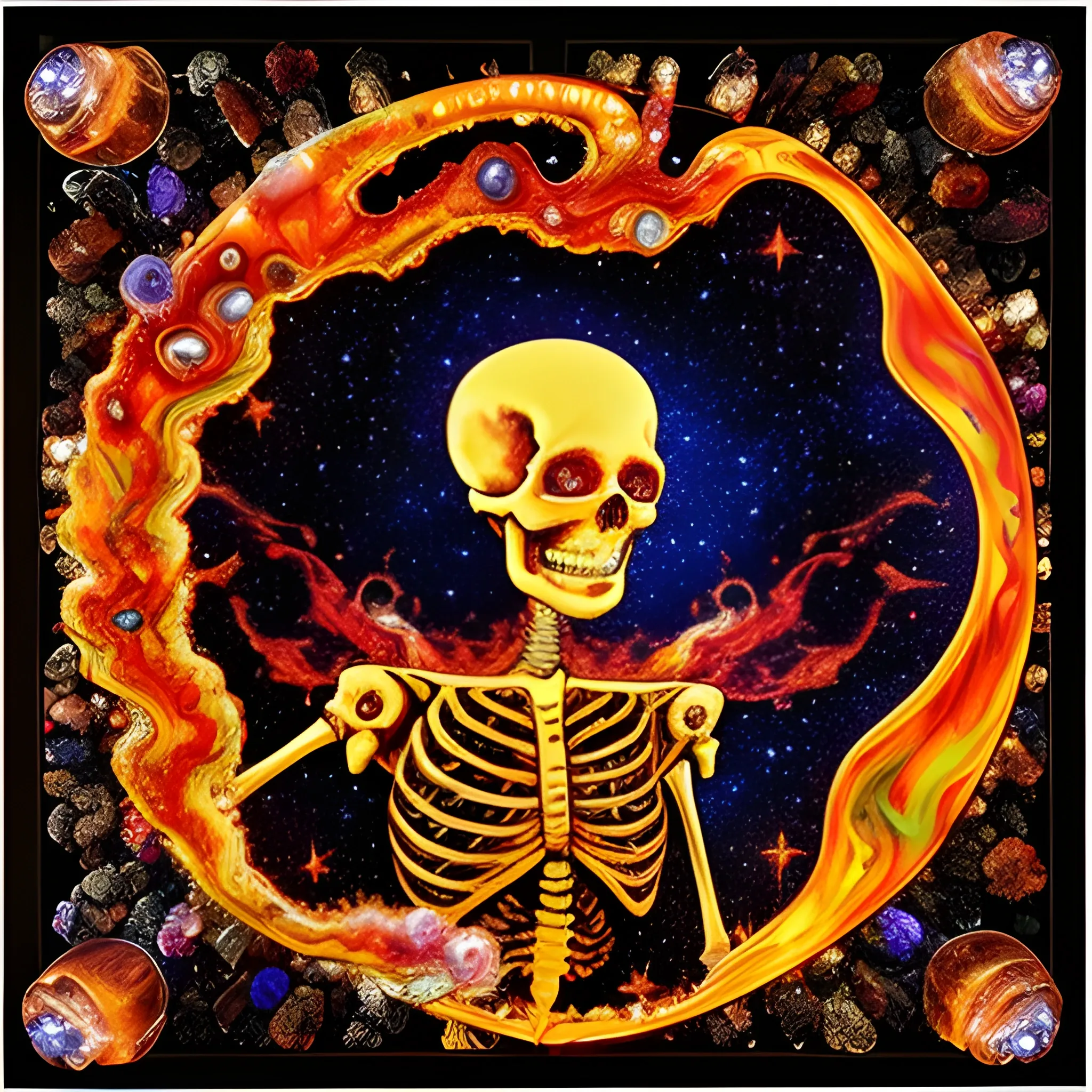 fire; whimsical 3D and alcohol ink ethereal image of a skeleton on fire fleeing a burning cemetery; his highly detailed face, luminous color sparkles; made of stained glass and agate with copper foil highlights and pearls, skulls, embers, flames, sequins, faceted gemstones, crystals, smoke, stars, starry night, nebula sky, crescent moon, luminous color sparkles, hyperdetailed, realistic