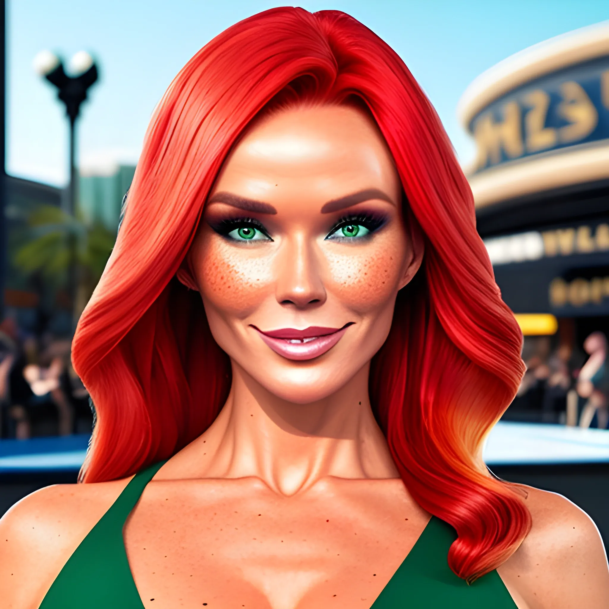 one woman, one image, no split; Amanda Holden / Shanina Shaik / Elsa Hosk face morph, 3D, red hair, green eyes, freckles, 90's mall background, skate park