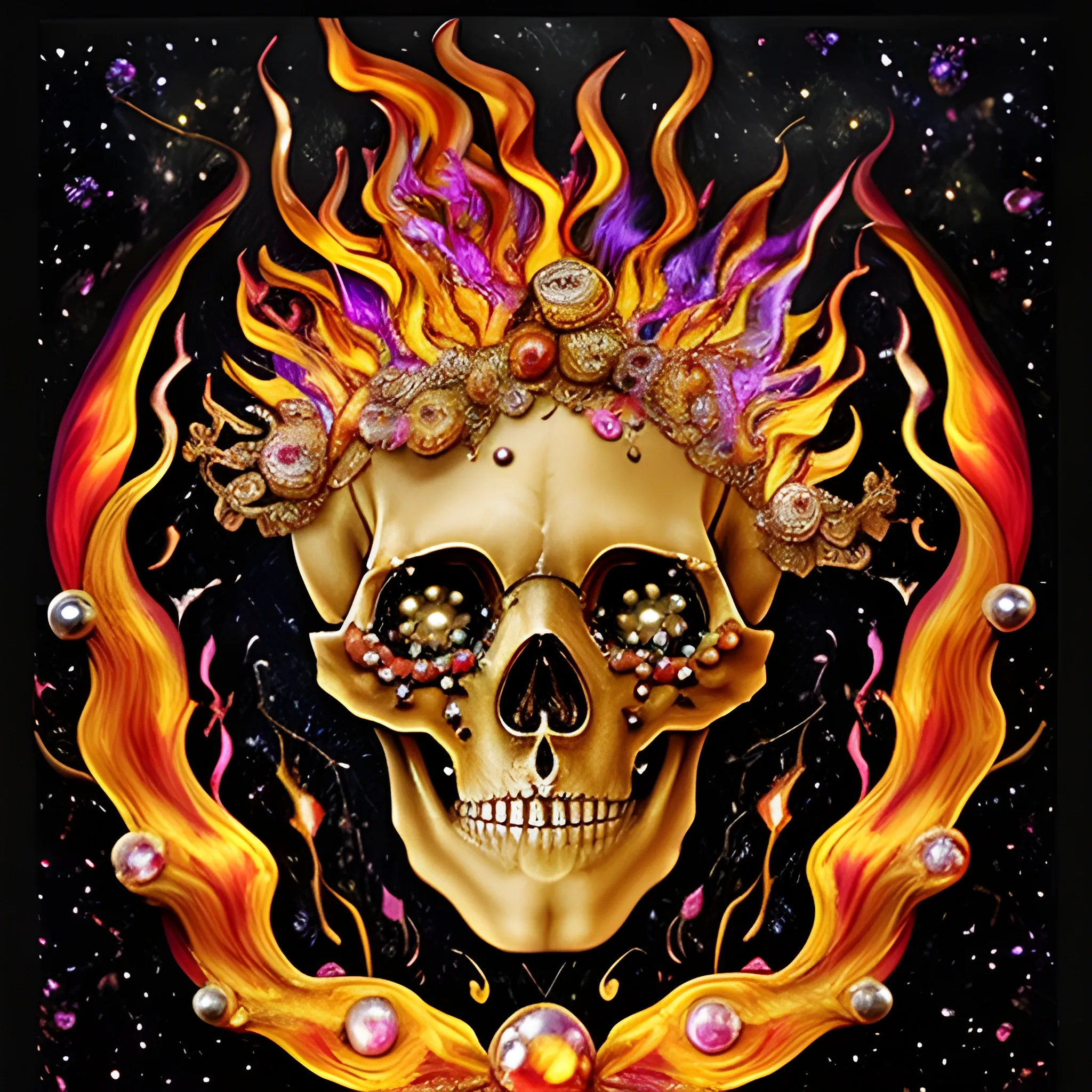 fire; whimsical 3D and alcohol ink ethereal image of a skeleton on fire fleeing a burning cemetery; his highly detailed face, luminous color sparkles; made of stained glass and agate with copper foil highlights and pearls, skulls, embers, flames, sequins, faceted gemstones, crystals, smoke, stars, starry night, nebula sky, crescent moon, luminous color sparkles, hyperdetailed, realistic