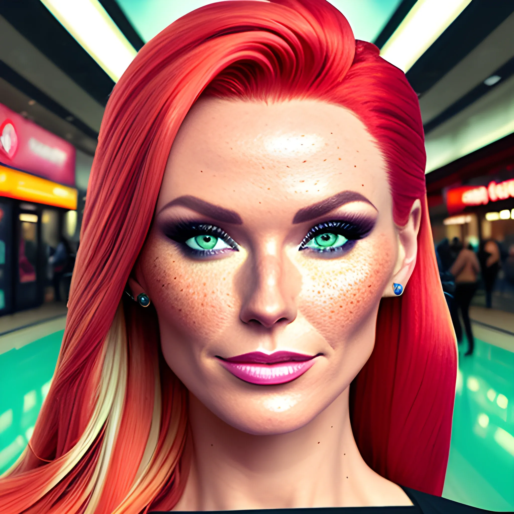 one woman, one image, no split; Amanda Holden / Shanina Shaik / Elsa Hosk face morph, 3D, red hair, green eyes, freckles, 90's mall background, skate park