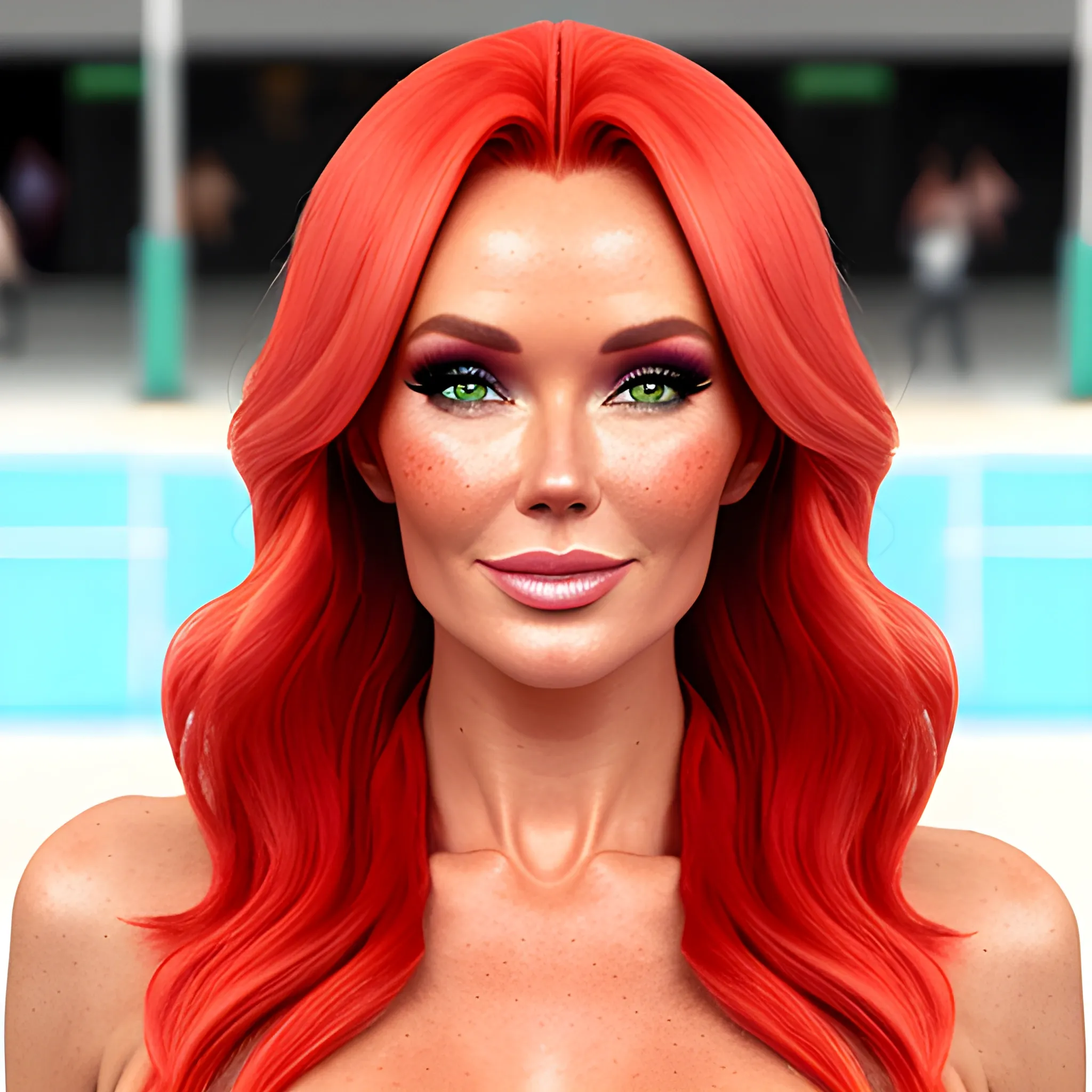 one woman, one image, no split; Amanda Holden / Shanina Shaik / Elsa Hosk face morph, 3D, red hair, green eyes, freckles, 90's mall background, skate park