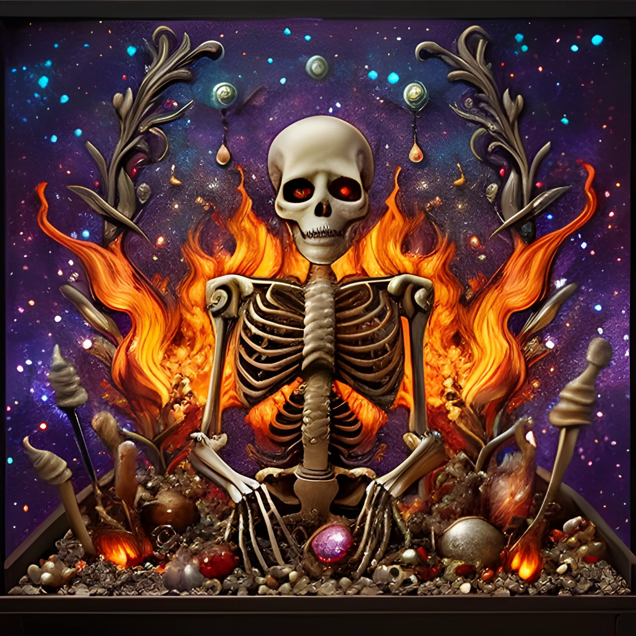 fire; whimsical 3D and alcohol ink ethereal image of a skeleton on fire fleeing a burning cemetery; his highly detailed face, luminous color sparkles; made of stained glass and agate with copper foil highlights and pearls, skulls, embers, flames, sequins, faceted gemstones, crystals, smoke, stars, starry night, nebula sky, crescent moon, luminous color sparkles, hyperdetailed, realistic