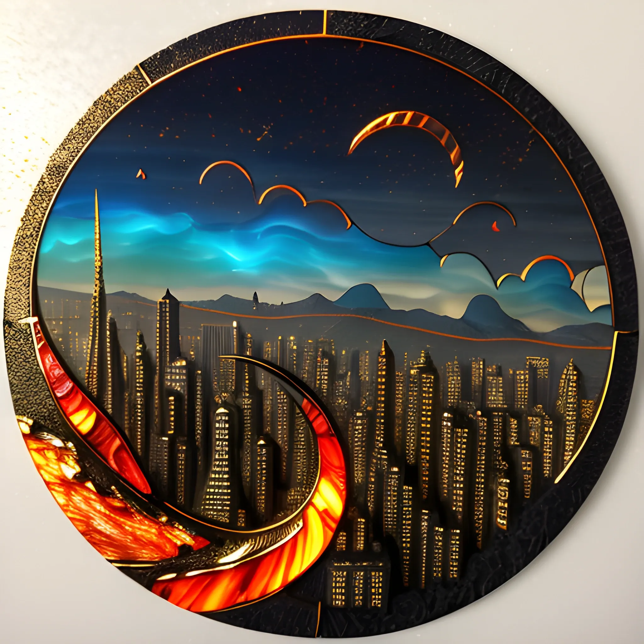 round 3D embossed textured ethereal image, a cityscape on the distant horizon, in molten lava; made of stained glass, agate with gold foil highlights, coals. red, orange, yellow, blue, silver, grey, black; 3D, fire, flames, smoke, nebula sky, small crescent moon, starry night, glowing embers, gold smoke, sparks, realistic, sharp lines, extreme detail