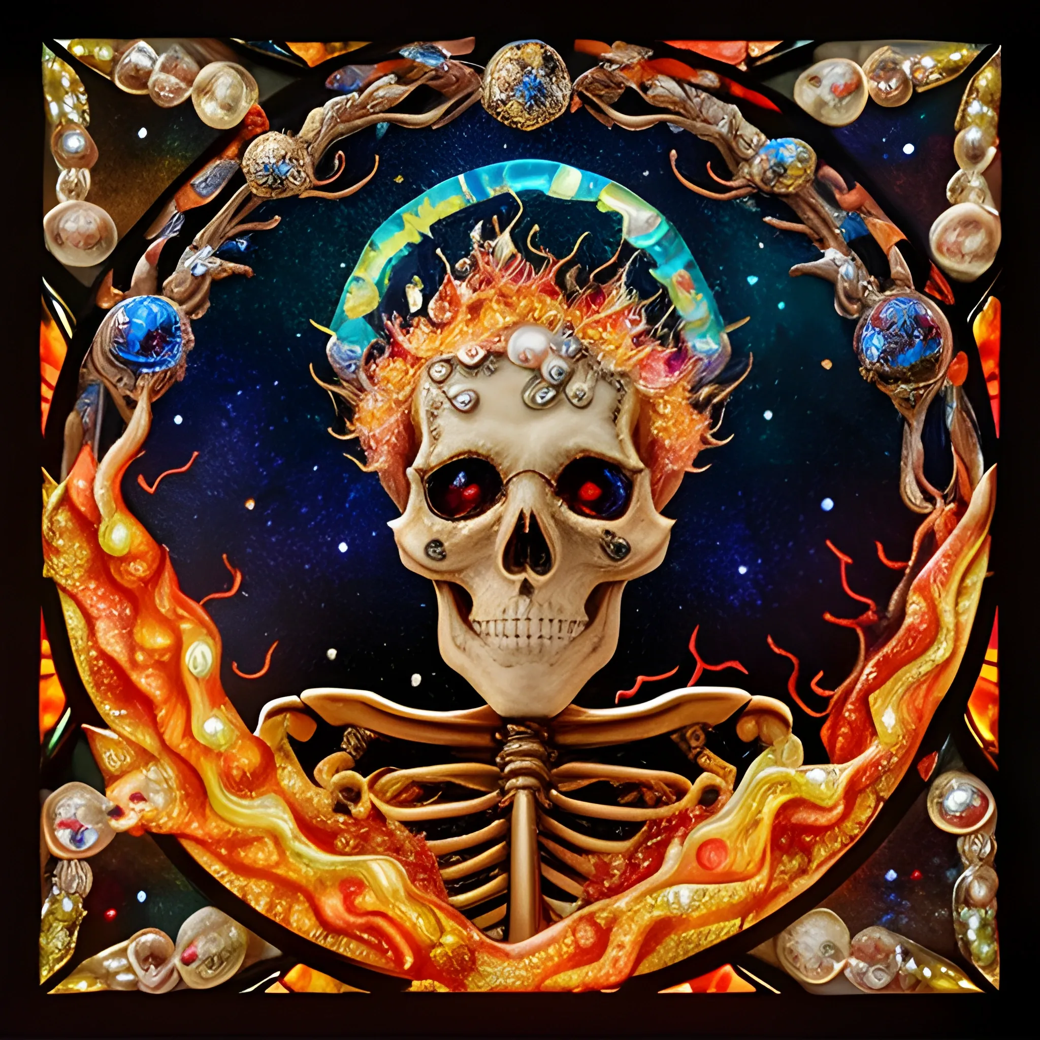 fire; whimsical 3D and alcohol ink ethereal image of a skeleton on fire fleeing a burning cemetery; his highly detailed face, luminous color sparkles; made of stained glass and agate with copper foil highlights and pearls, skulls, embers, flames, sequins, faceted gemstones, crystals, smoke, stars, starry night, nebula sky, crescent moon, luminous color sparkles, hyperdetailed, realistic