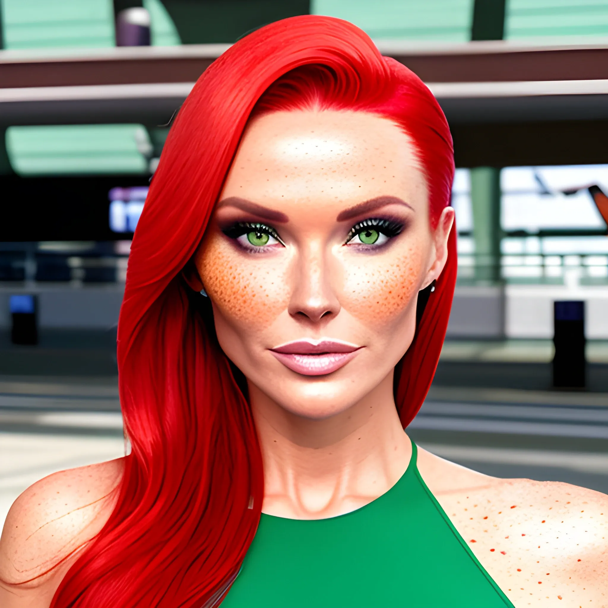 one woman, one image, no split; Amanda Holden / Shanina Shaik / Elsa Hosk face morph, 3D, red hair, green eyes, freckles, 90's mall background, skate park