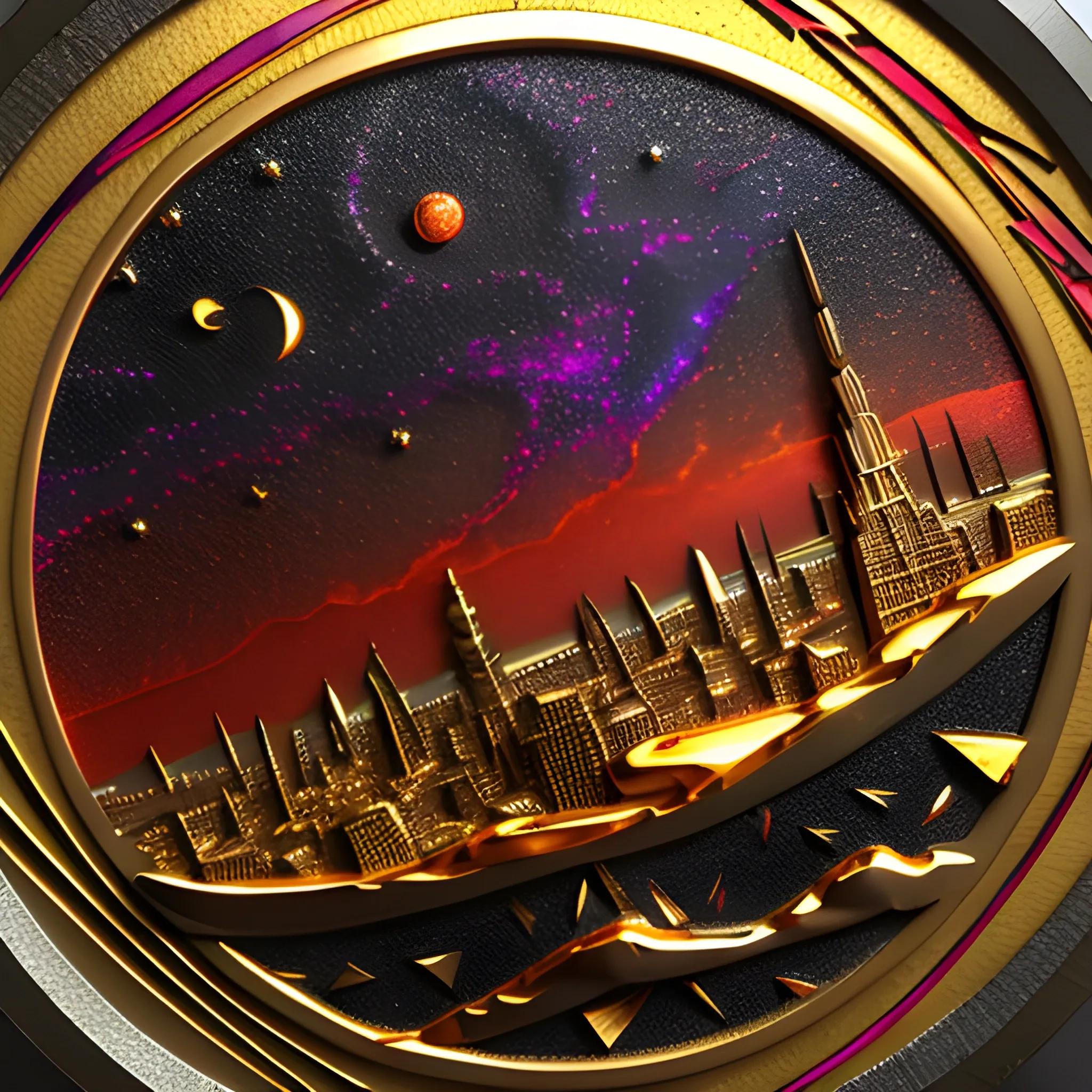 round 3D embossed textured ethereal image, a cityscape on the distant horizon, in molten lava; made of stained glass, agate with gold foil highlights, coals. red, orange, yellow, blue, silver, grey, black; 3D, fire, flames, smoke, nebula sky, small crescent moon, starry night, glowing embers, gold smoke, sparks, realistic, sharp lines, extreme detail