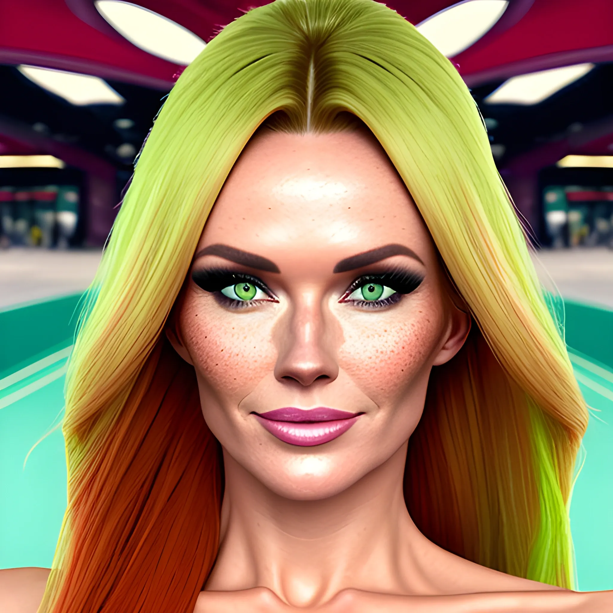 one woman, one image, no split; Amanda Holden / Shanina Shaik / Elsa Hosk face morph, 3D, red hair, green eyes, freckles, 90's mall background, skate park