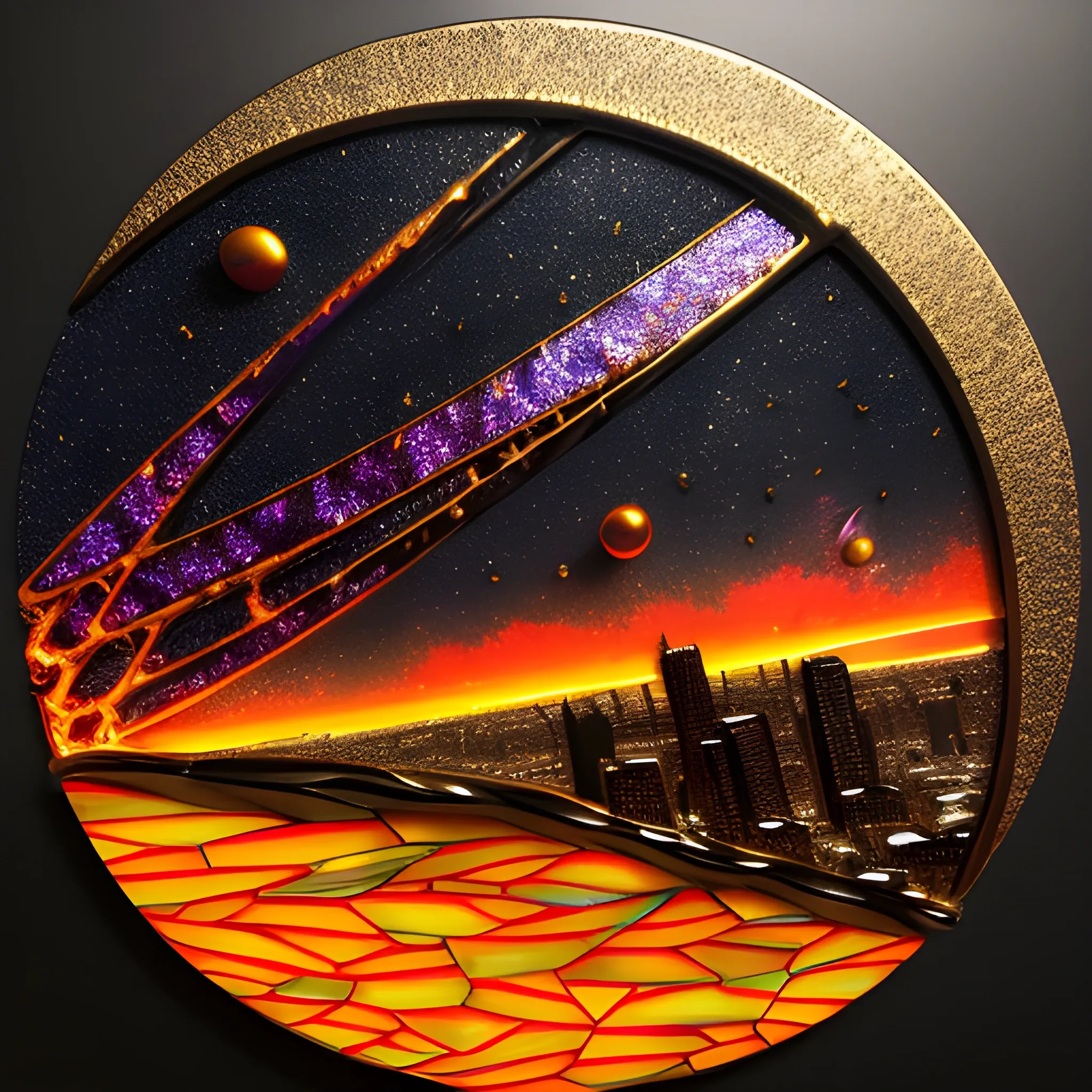 round 3D embossed textured ethereal image, a cityscape on the distant horizon, in molten lava; made of stained glass, agate with gold foil highlights, coals. red, orange, yellow, blue, silver, grey, black; 3D, fire, flames, smoke, nebula sky, small crescent moon, starry night, glowing embers, gold smoke, sparks, realistic, sharp lines, extreme detail