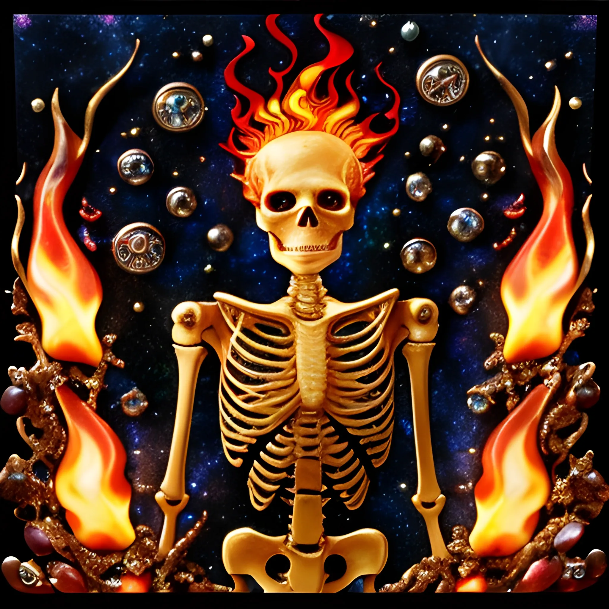 fire; whimsical 3D and alcohol ink ethereal image of a skeleton on fire fleeing a burning cemetery; his highly detailed face, luminous color sparkles; made of stained glass and agate with copper foil highlights and pearls, skulls, embers, flames, sequins, faceted gemstones, crystals, smoke, stars, starry night, nebula sky, crescent moon, luminous color sparkles, hyperdetailed, realistic