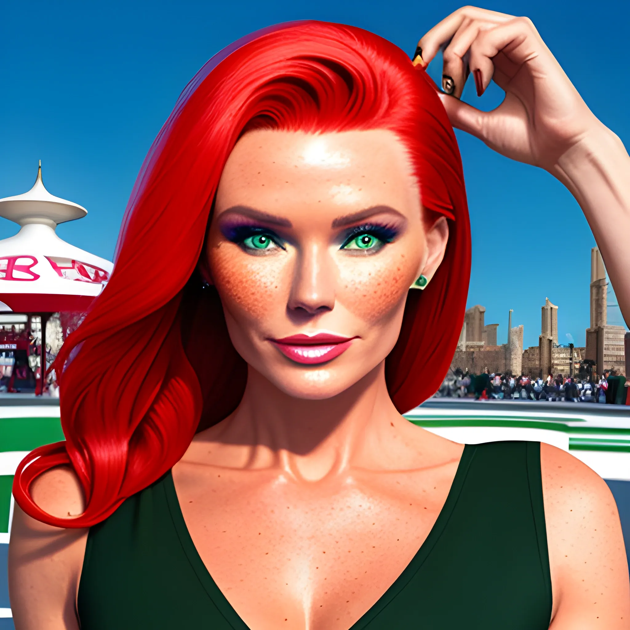 one woman, one image, no split; Amanda Holden / Shanina Shaik / Elsa Hosk face morph, 3D, red hair, green eyes, freckles, 90's mall background, skate park