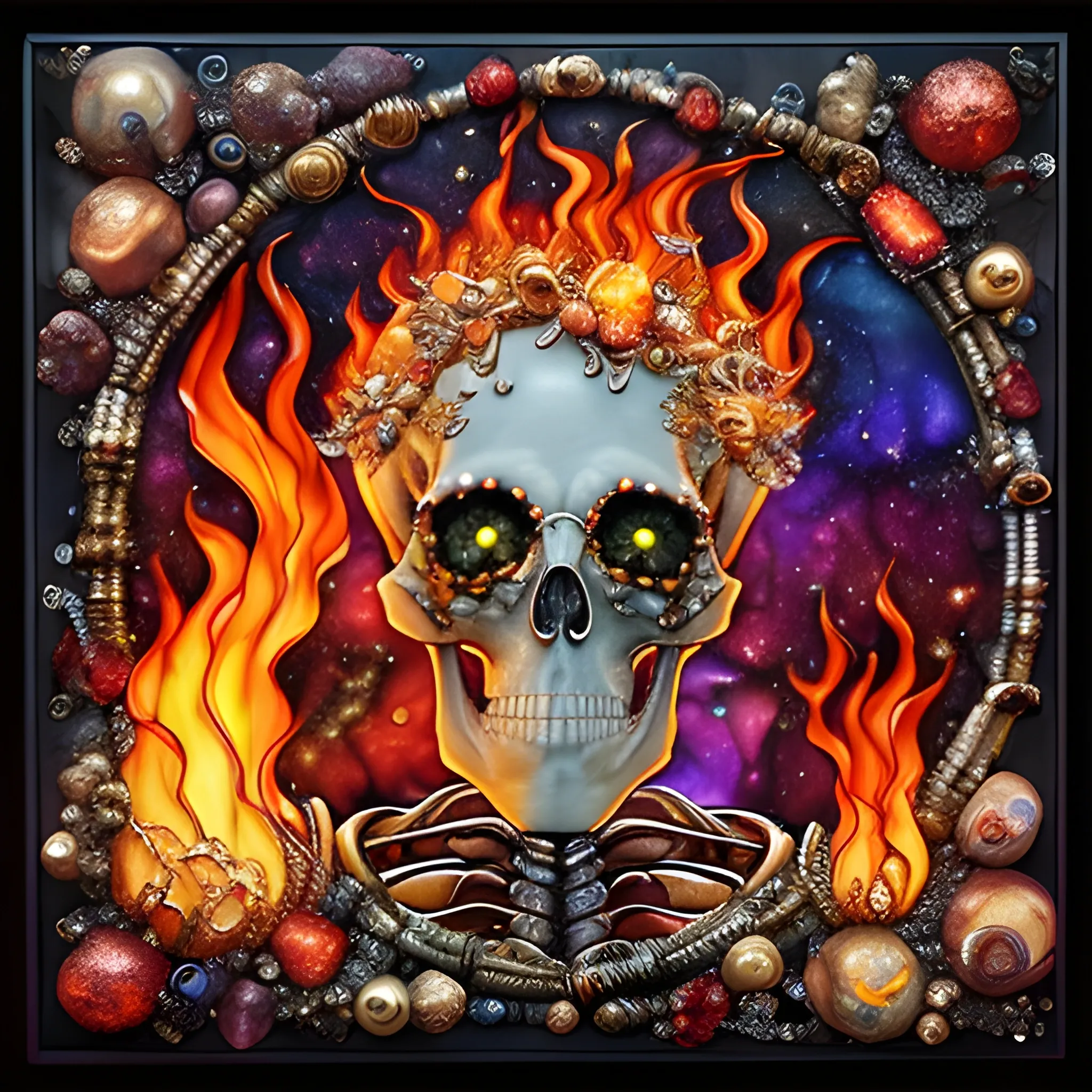 fire; whimsical 3D and alcohol ink ethereal image of a skeleton on fire fleeing a burning cemetery; his highly detailed face, luminous color sparkles; made of stained glass and agate with copper foil highlights and pearls, skulls, embers, flames, sequins, faceted gemstones, crystals, smoke, stars, starry night, nebula sky, crescent moon, luminous color sparkles, hyperdetailed, realistic