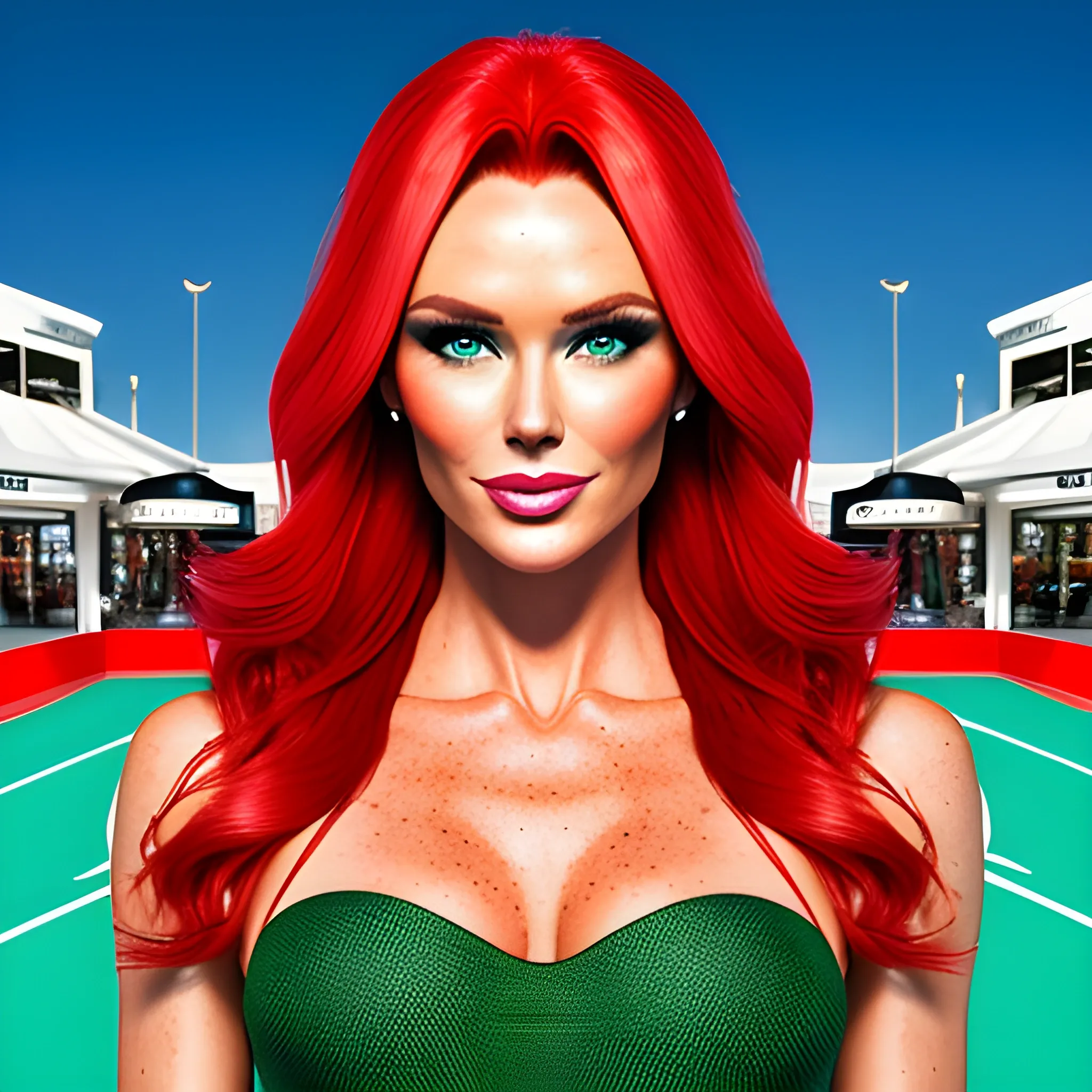 one woman, one image, no split; Amanda Holden / Shanina Shaik / Elsa Hosk face morph, 3D, red hair, green eyes, freckles, 90's mall background, skate park