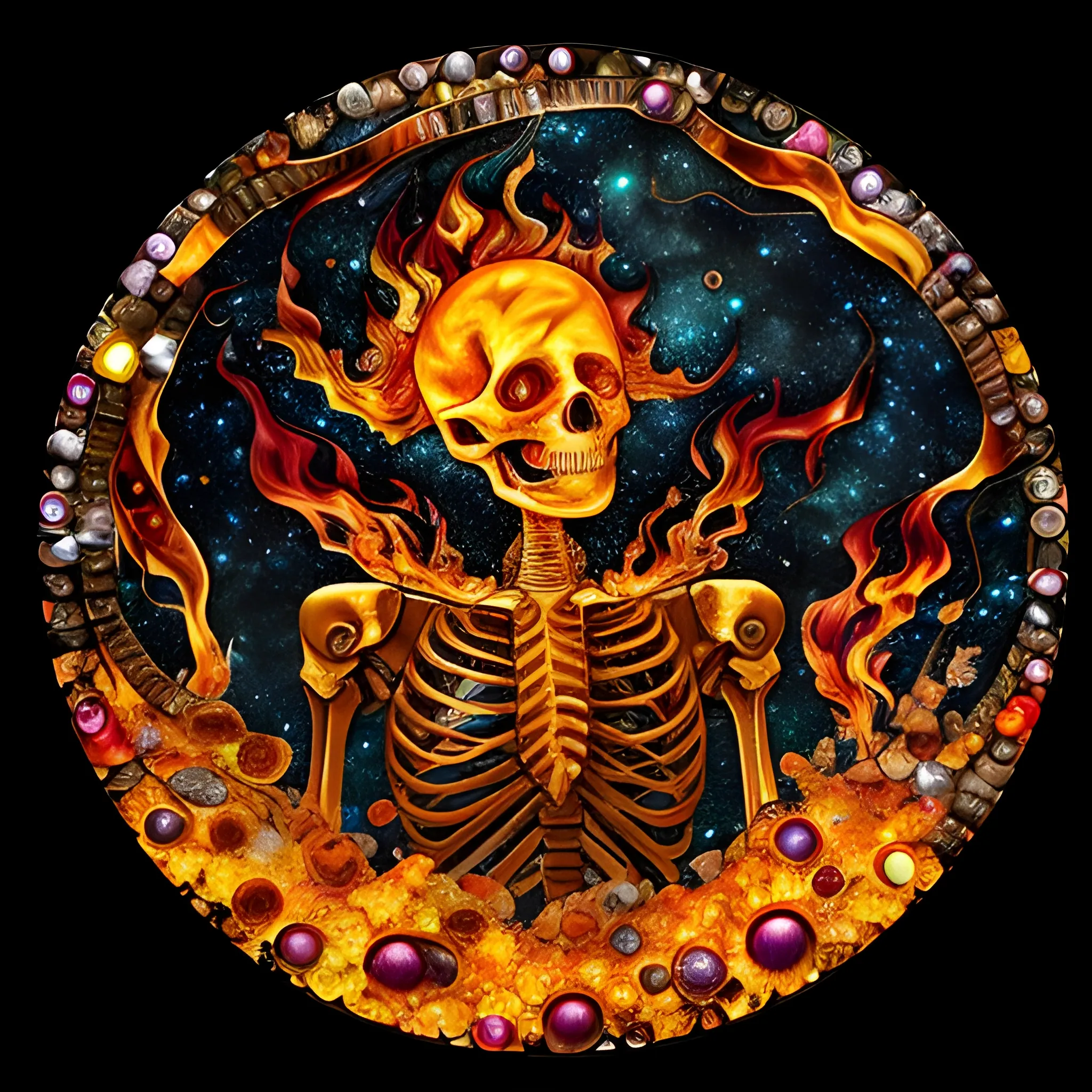 fire; whimsical 3D and alcohol ink ethereal image of a skeleton on fire fleeing a burning cemetery; his highly detailed face, luminous color sparkles; made of stained glass and agate with copper foil highlights and pearls, skulls, embers, flames, sequins, faceted gemstones, crystals, smoke, stars, starry night, nebula sky, crescent moon, luminous color sparkles, hyperdetailed, realistic