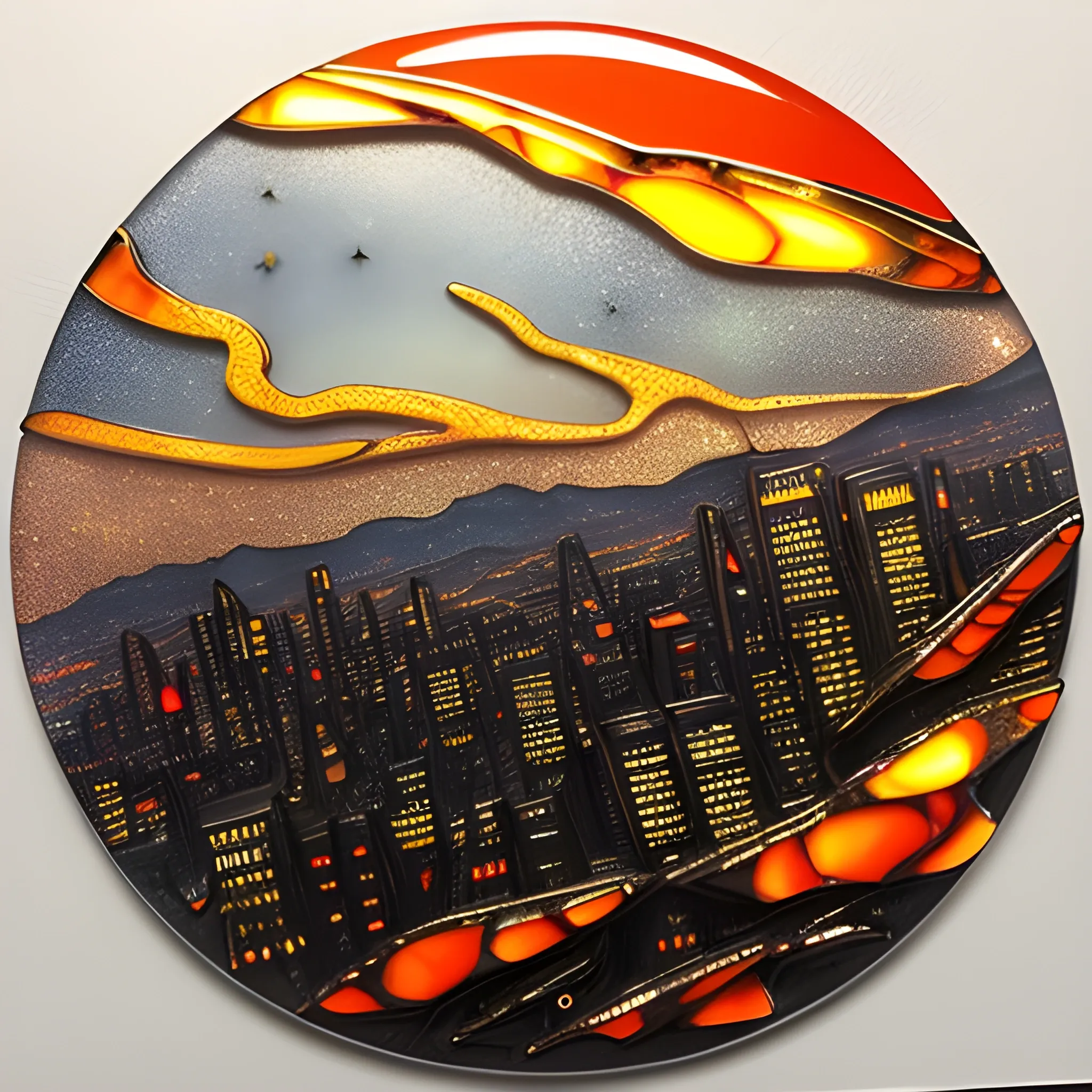 round 3D embossed textured ethereal image, a cityscape on the distant horizon, in molten lava; made of stained glass, agate with gold foil highlights, coals. red, orange, yellow, blue, silver, grey, black; 3D, fire, flames, smoke, nebula sky, small crescent moon, starry night, glowing embers, gold smoke, sparks, realistic, sharp lines, extreme detail