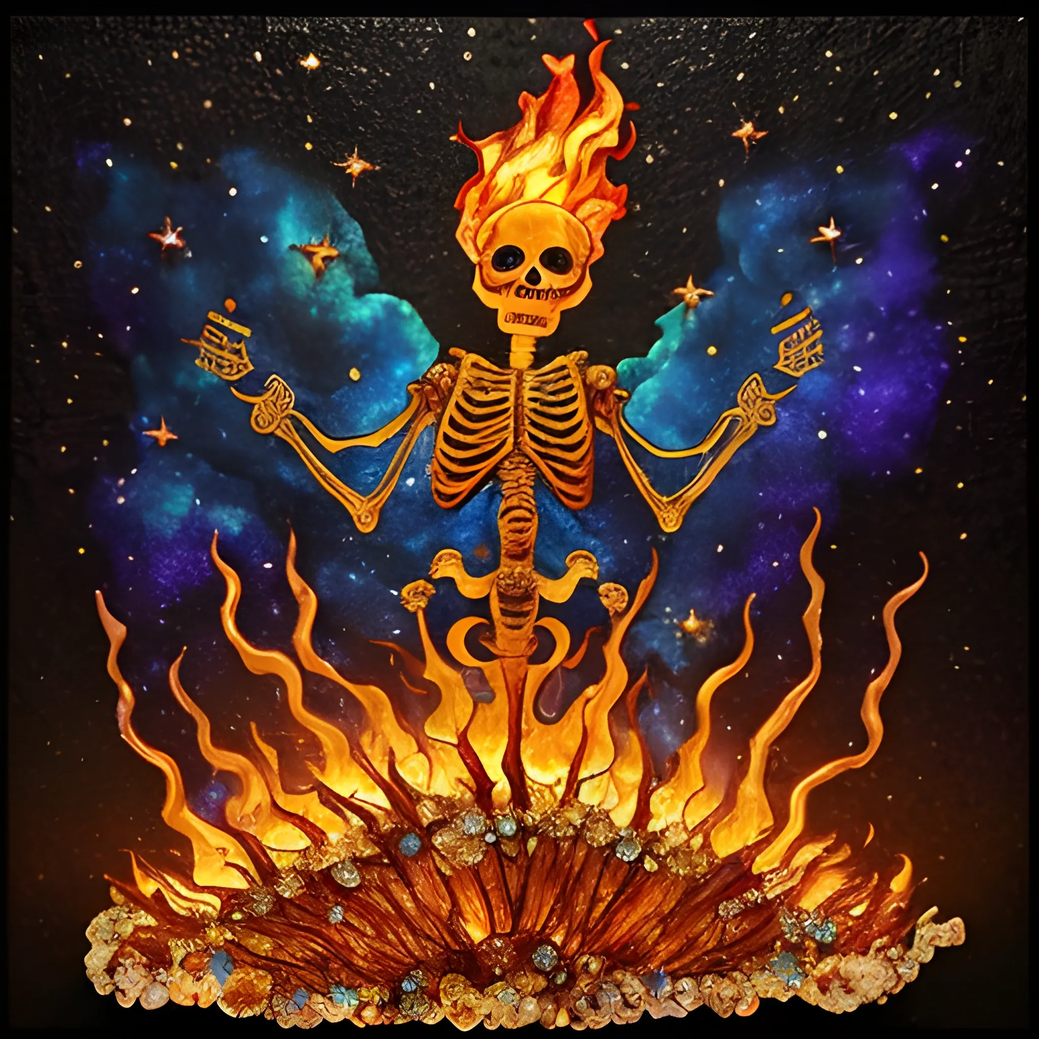 fire; whimsical 3D and alcohol ink ethereal image of a skeleton on fire fleeing a burning cemetery; his highly detailed face, luminous color sparkles; made of stained glass and agate with copper foil highlights and pearls, skulls, embers, flames, sequins, faceted gemstones, crystals, smoke, stars, starry night, nebula sky, crescent moon, luminous color sparkles, hyperdetailed, realistic