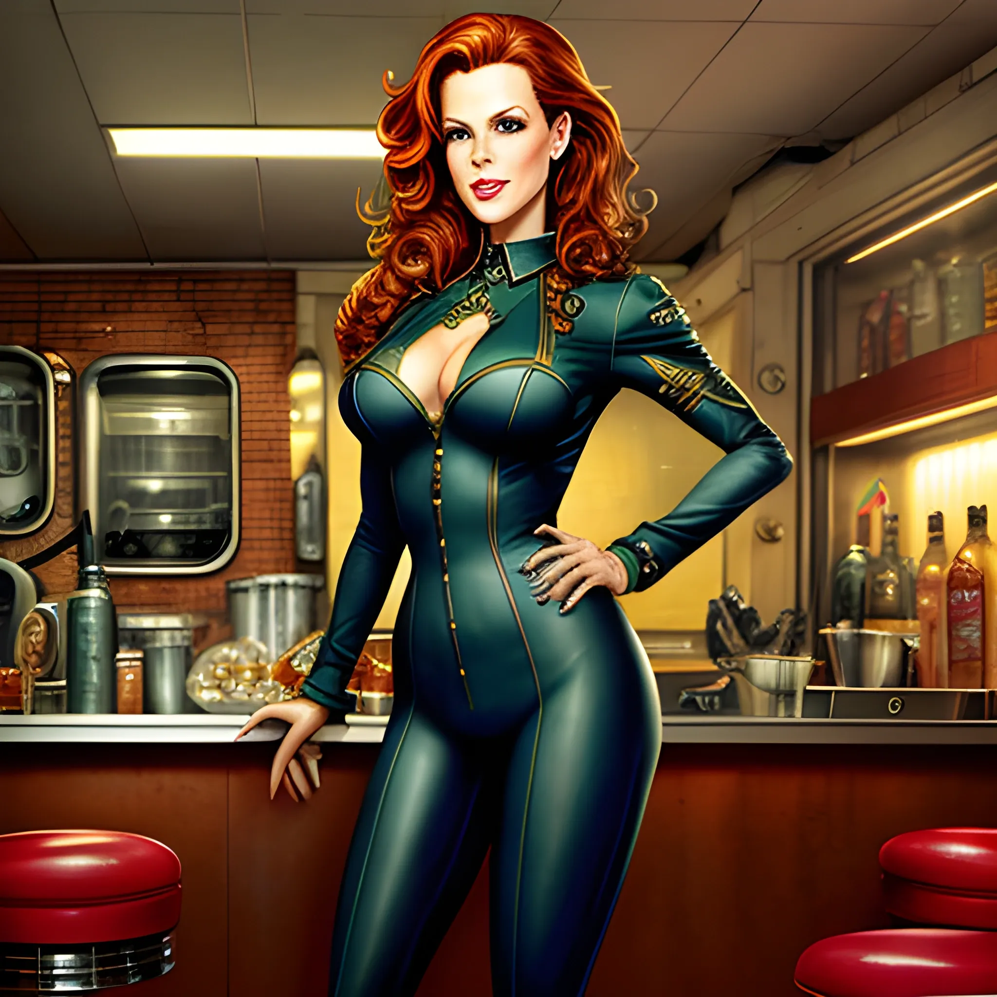 young Robyn Lively in a 50's diner, meticulously detailed eyes, perfect full-length body, perfect anatomy, her highly detailed face, meticulously detailed hair and clothes by artist "Aleksi Briclot" and Russ Mills, Dan Mumford, teen witch 