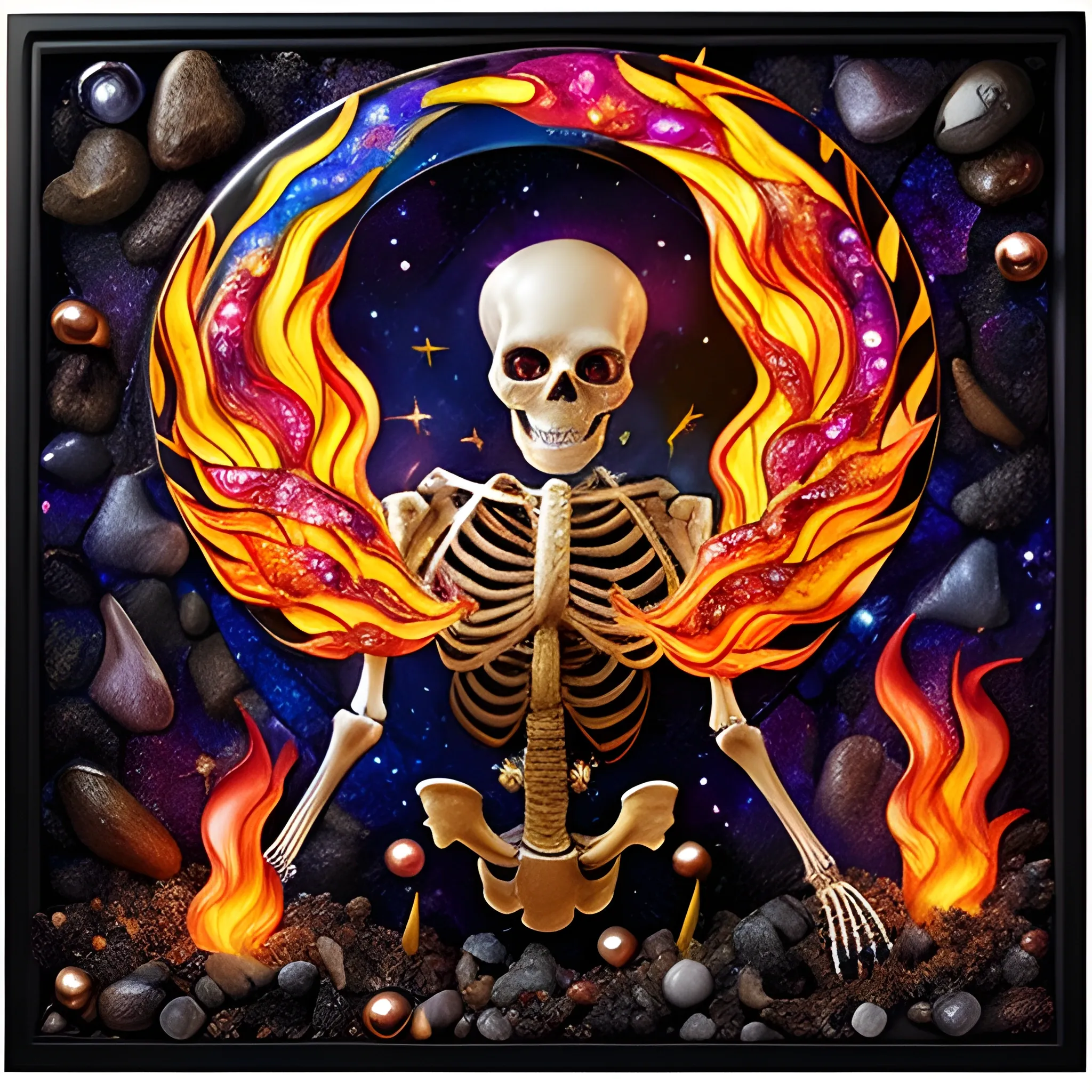 fire; whimsical 3D and alcohol ink ethereal image of a skeleton on fire fleeing a burning cemetery; his highly detailed face, luminous color sparkles; made of stained glass and agate with copper foil highlights and pearls, skulls, embers, flames, sequins, faceted gemstones, crystals, smoke, stars, starry night, nebula sky, crescent moon, luminous color sparkles, hyperdetailed, realistic