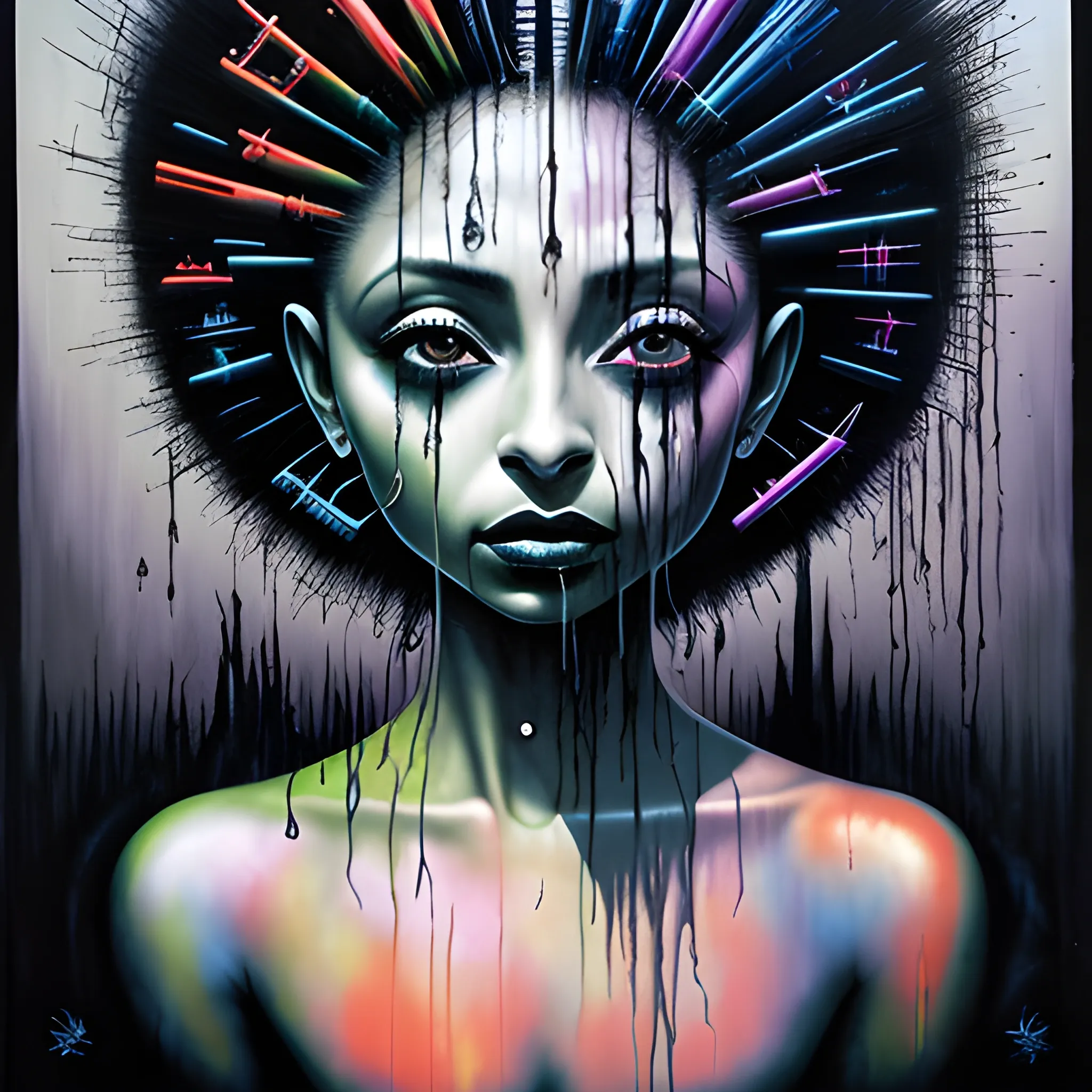  Masterpiece, scenic; Sade Adu; neon spray paint, acrylic paint, fantastical surrealist world, in the style of Stephen Gammell and Shawn Coss, extremely detailed, sick, gothic, eldritch