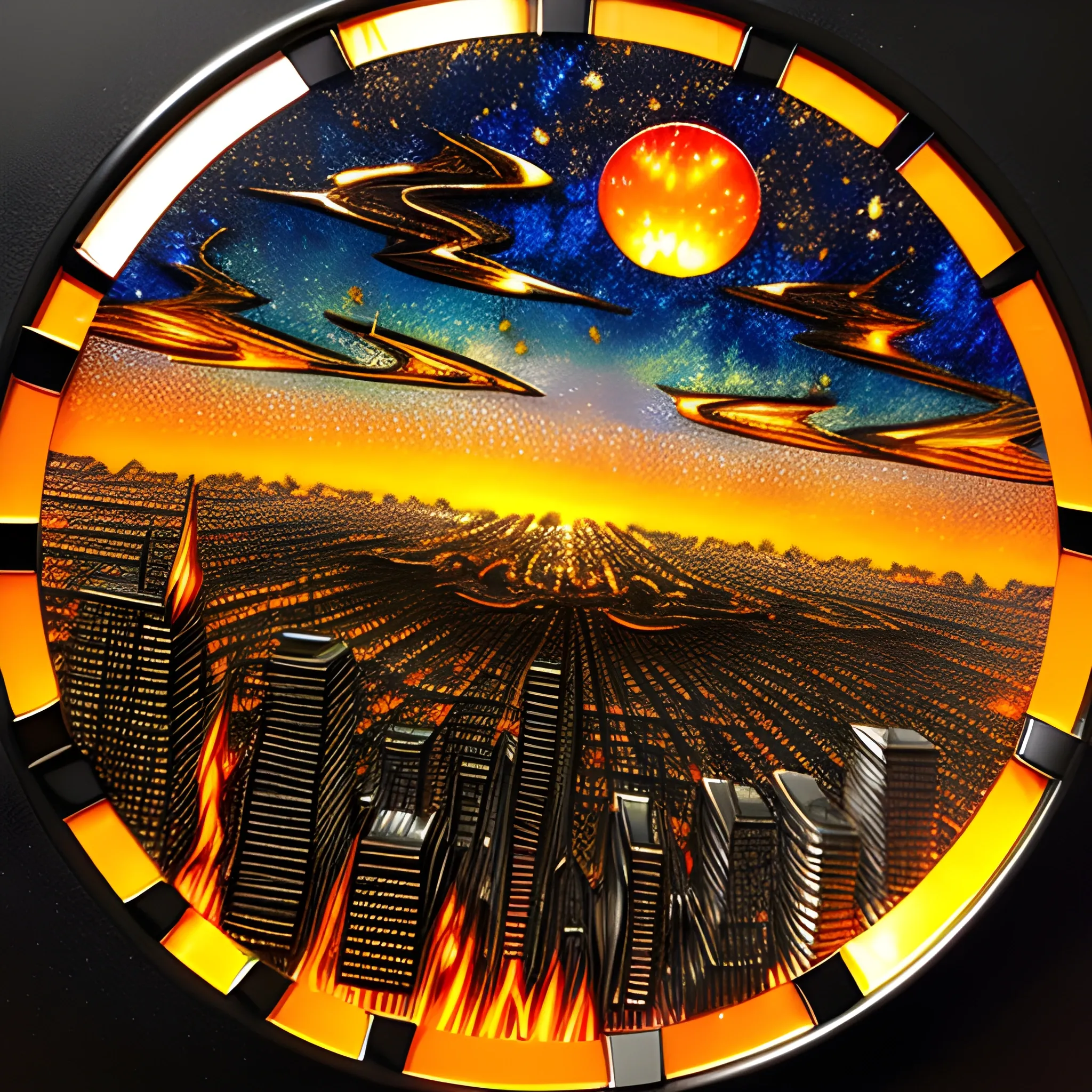 round 3D embossed textured ethereal image, a cityscape on the distant horizon, in molten lava; made of stained glass, agate with gold foil highlights, coals. red, orange, yellow, blue, silver, grey, black; 3D, fire, flames, smoke, nebula sky, small crescent moon, starry night, glowing embers, gold smoke, sparks, realistic, sharp lines, extreme detail