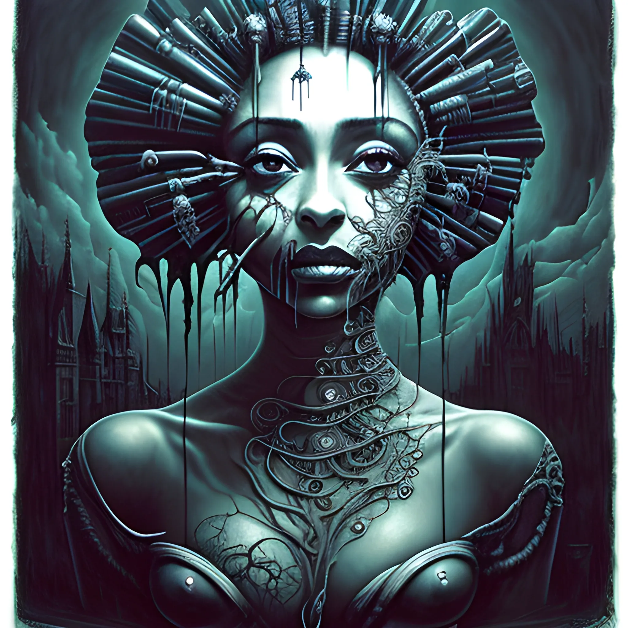  Masterpiece, scenic; Sade Adu; neon spray paint, acrylic paint, fantastical surrealist world, in the style of Stephen Gammell and Shawn Coss, extremely detailed, sick, gothic, eldritch