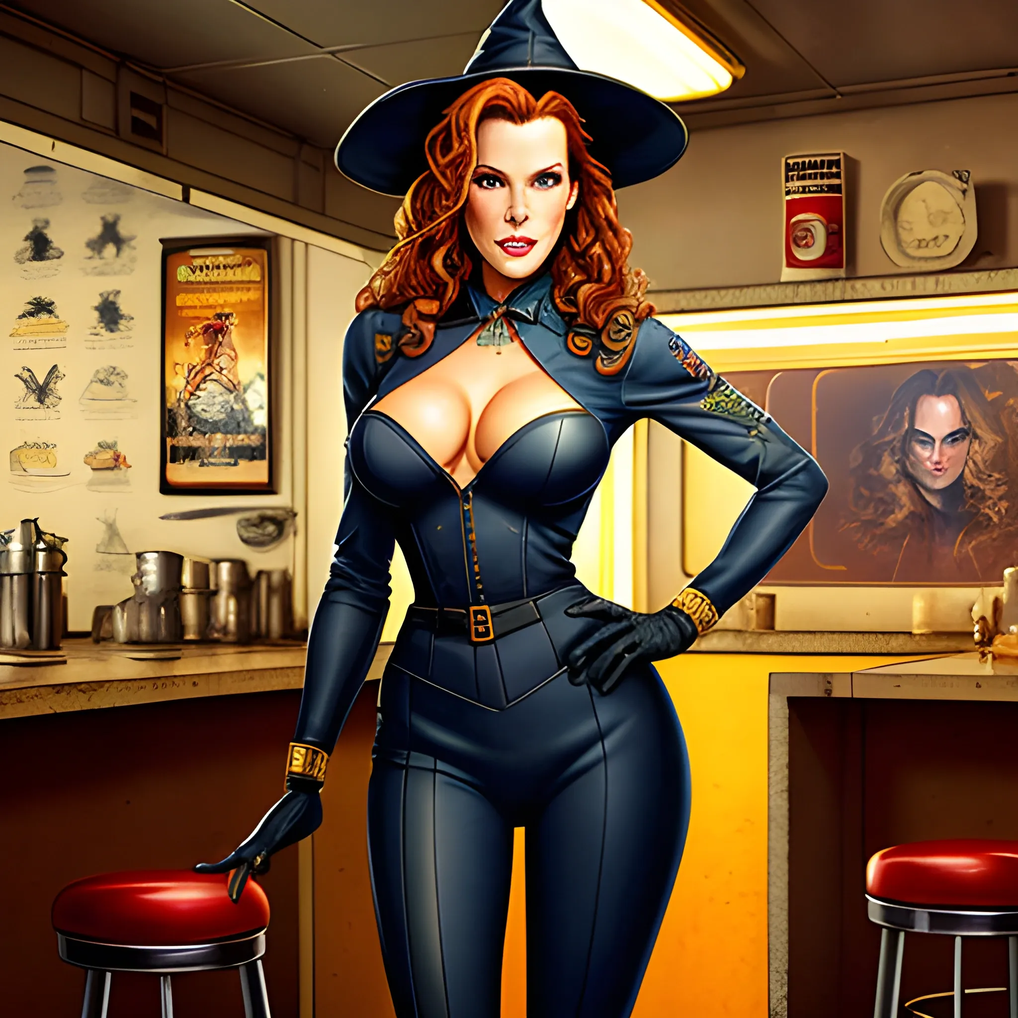 young Robyn Lively in a 50's diner, meticulously detailed eyes, perfect full-length body, perfect anatomy, her highly detailed face, meticulously detailed hair and clothes by artist "Aleksi Briclot" and Russ Mills, Dan Mumford, teen witch 