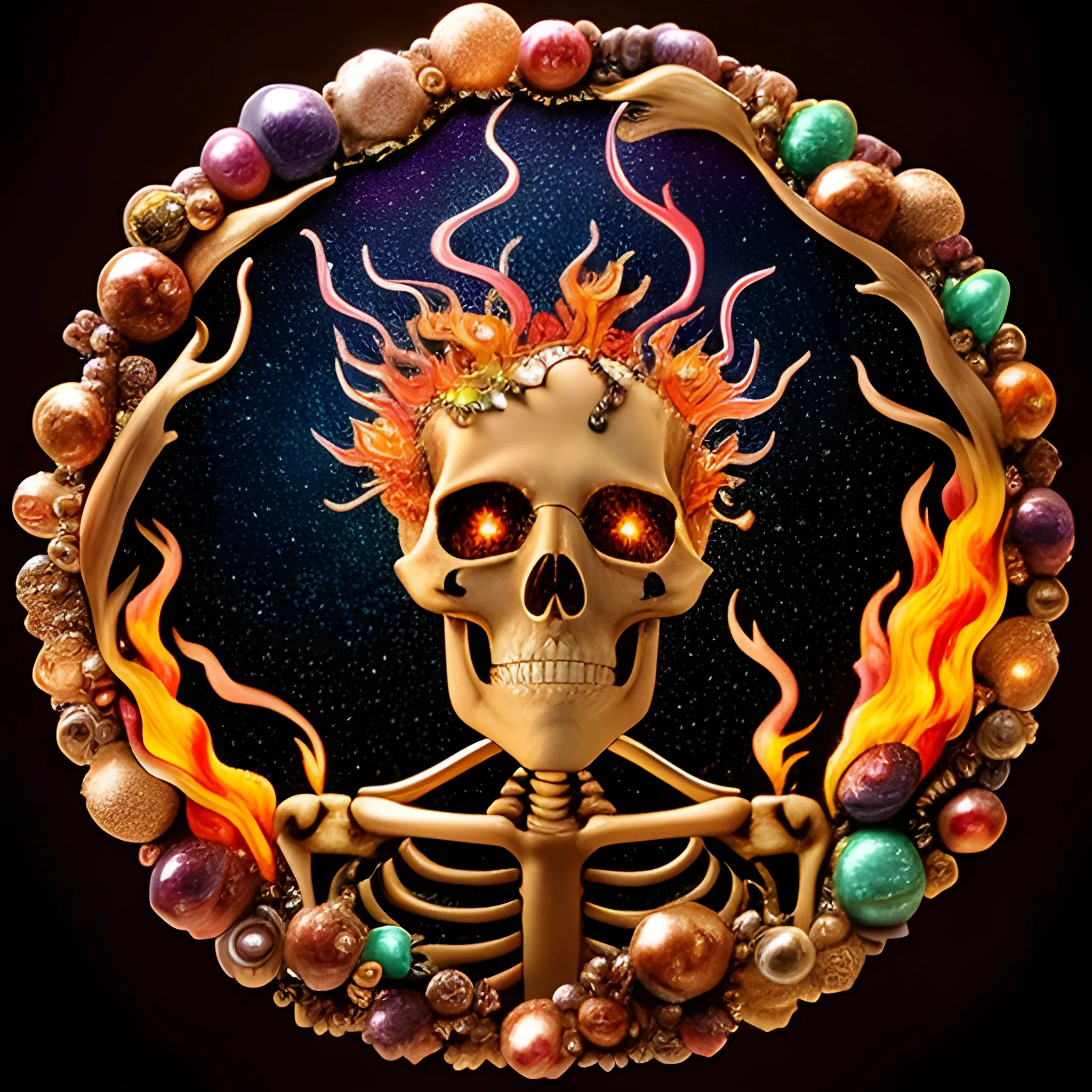 fire; whimsical 3D and alcohol ink ethereal image of a skeleton on fire fleeing a burning cemetery; his highly detailed face, luminous color sparkles; made of stained glass and agate with copper foil highlights and pearls, skulls, embers, flames, sequins, faceted gemstones, crystals, smoke, stars, starry night, nebula sky, crescent moon, luminous color sparkles, hyperdetailed, realistic