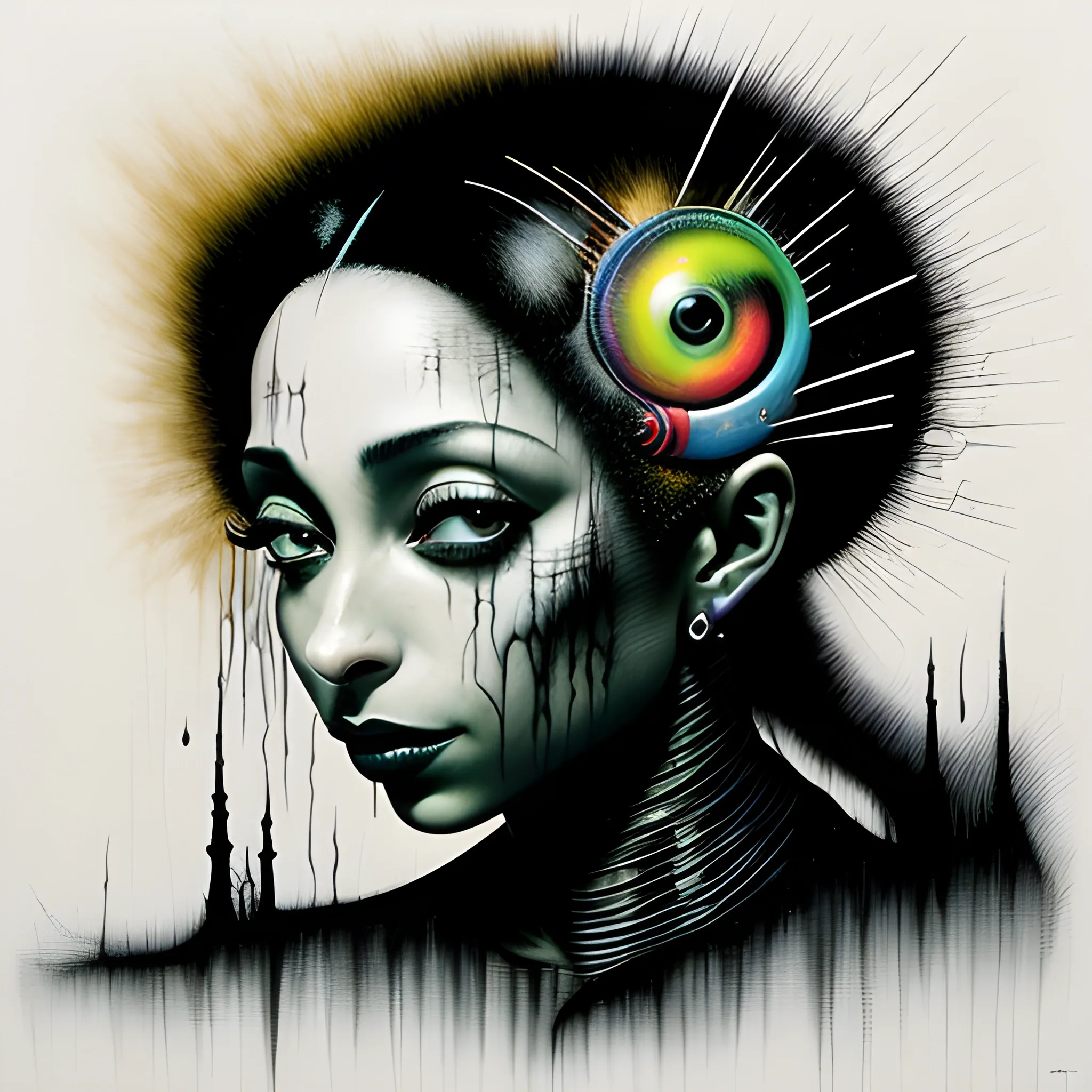  Masterpiece, scenic; Sade Adu; neon spray paint, acrylic paint, fantastical surrealist world, in the style of Stephen Gammell and Shawn Coss, extremely detailed, sick, gothic, eldritch