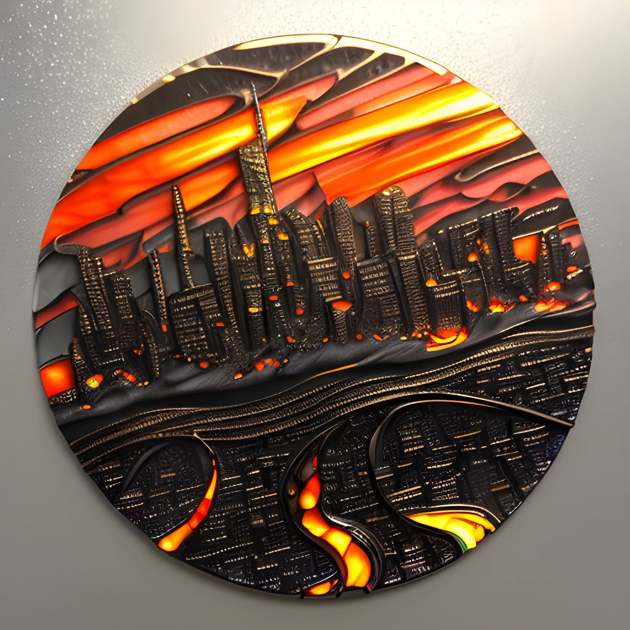 round 3D embossed textured ethereal image, a cityscape on the distant horizon, in molten lava; made of stained glass, agate with gold foil highlights, coals. red, orange, yellow, blue, silver, grey, black; 3D, fire, flames, smoke, nebula sky, small crescent moon, starry night, glowing embers, gold smoke, sparks, realistic, sharp lines, extreme detail