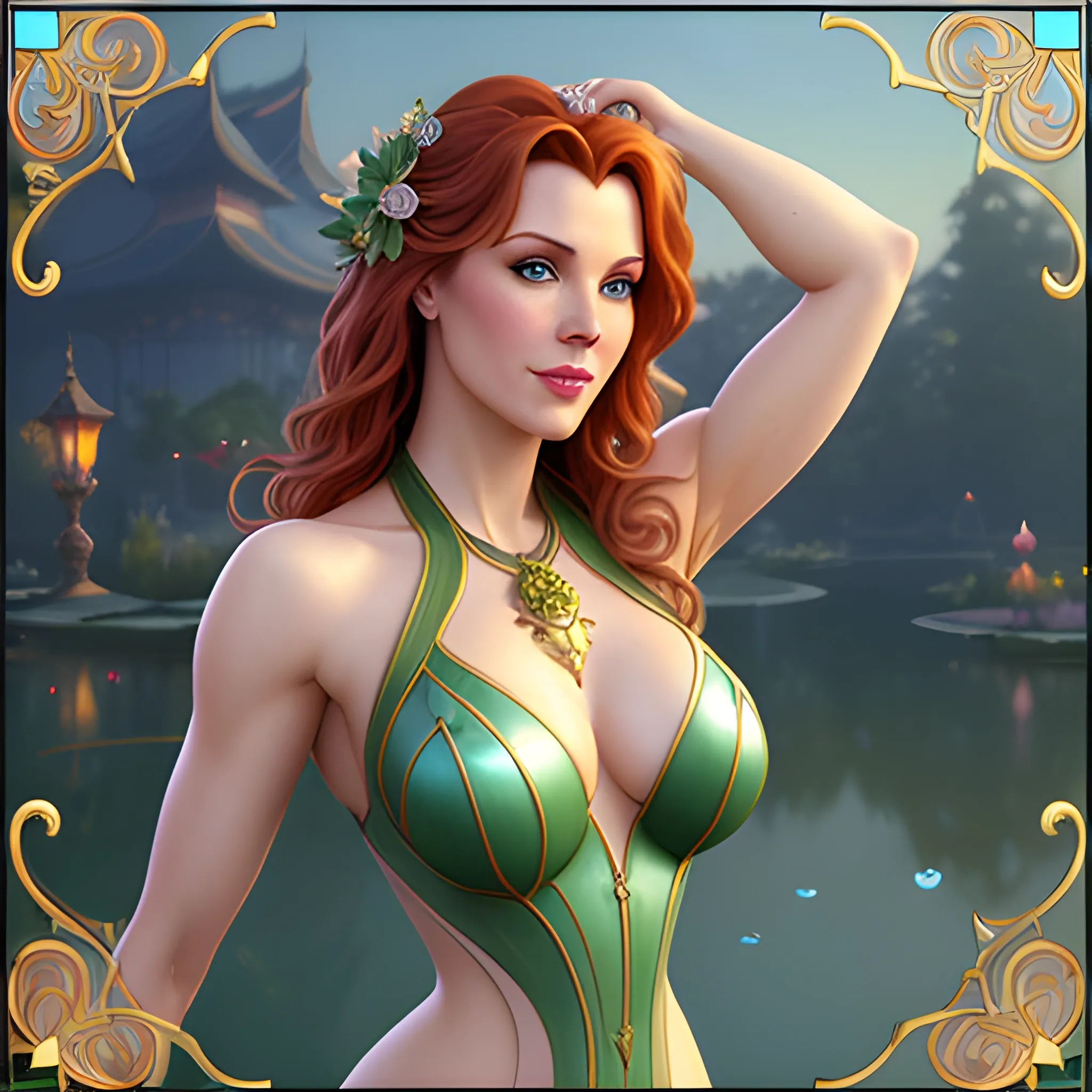 young Robyn Lively at a lotus pond; highly detailed beautiful face; glitter, renaissance; high contrast, pastel, sorbet, pearlescent, Unreal Engine 5; by Dan Parent, Alphonse Mucha, Artgerm, WLOP, intricately detailed, fantasy, bizarre, beautiful, Chromolithography, Soft Shading, Unreal Engine; digital painting, smooth, sharp focus, illustration, art by lisa frank, Steve Goad, Frank Frazetta, William-Adolphe Bouguereau, Unreal Engine 5, Cartoon, 3D, Oil Painting, 3D