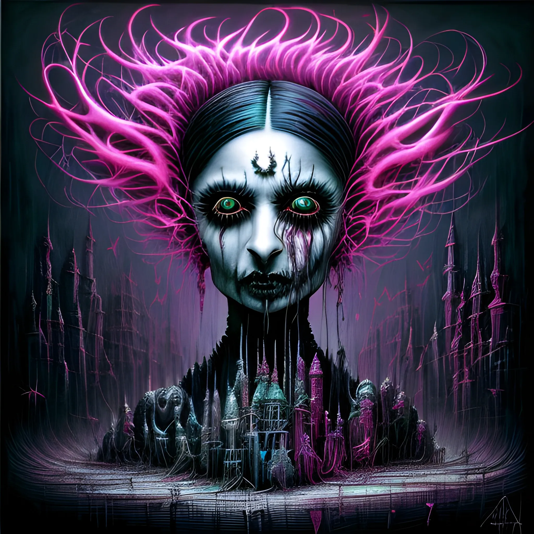  Masterpiece, scenic; NAdia Ali; neon spray paint, acrylic paint, fantastical surrealist world, in the style of Stephen Gammell and Shawn Coss, extremely detailed, sick, gothic, eldritch