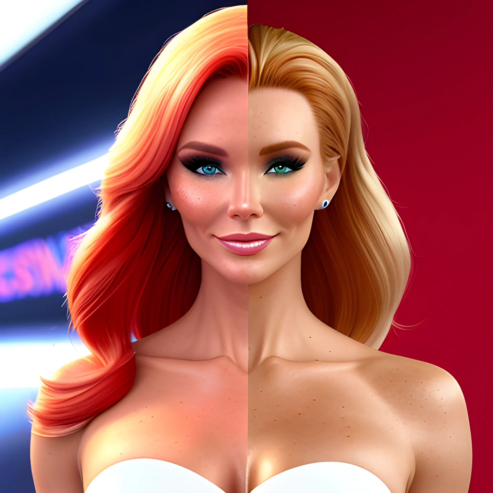 Amanda Holden / Shanina Shaik / Elsa Hosk face morph, 3D, red hair, green eyes, freckles, 90's mall background