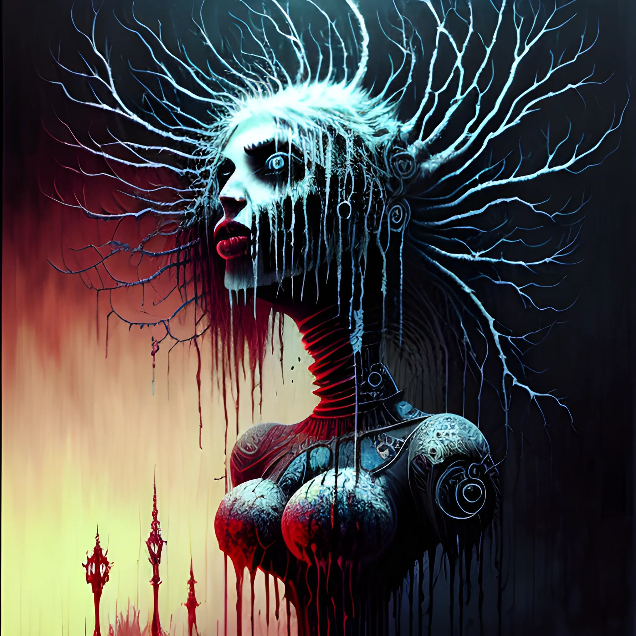  Masterpiece, scenic; NAdia Ali; neon spray paint, acrylic paint, fantastical surrealist world, in the style of Stephen Gammell and Shawn Coss, extremely detailed, sick, gothic, eldritch