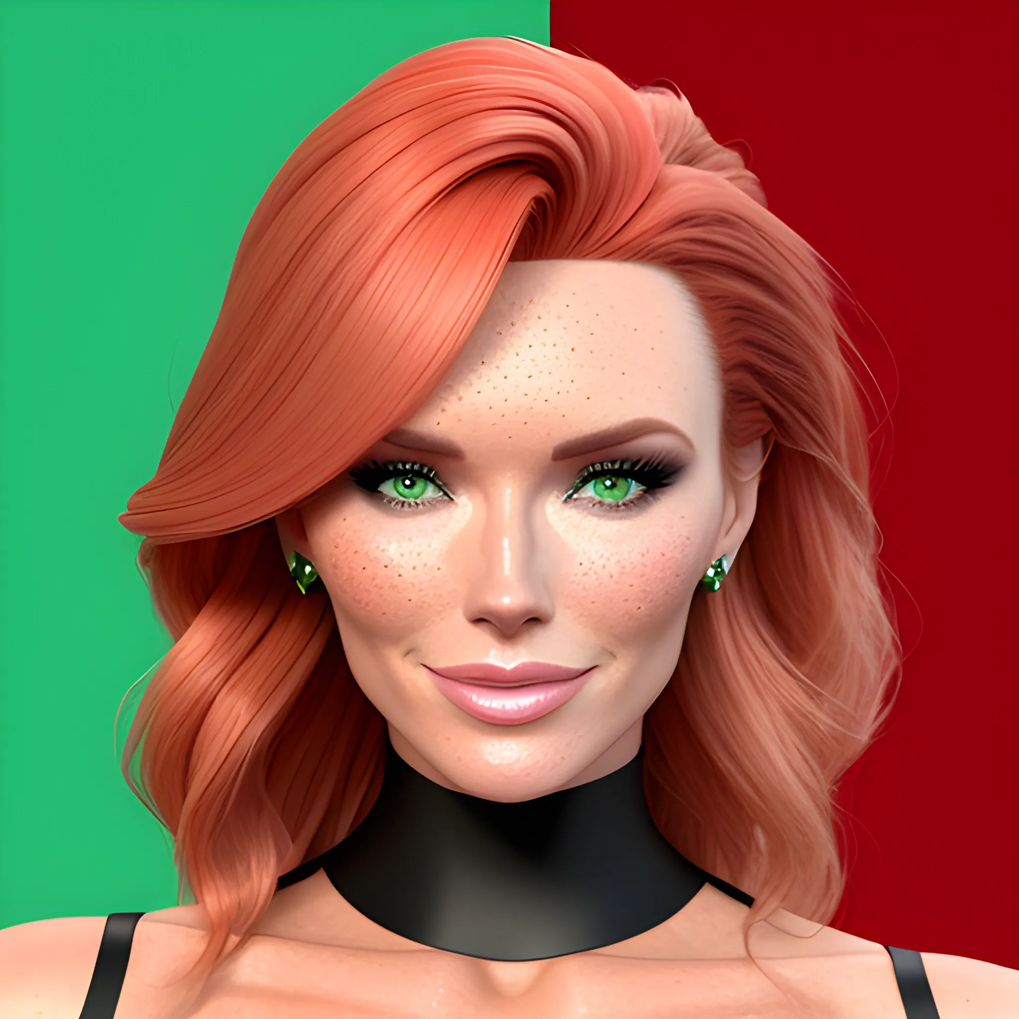 Amanda Holden / Shanina Shaik / Elsa Hosk face morph, 3D, red hair, green eyes, freckles, 90's mall background