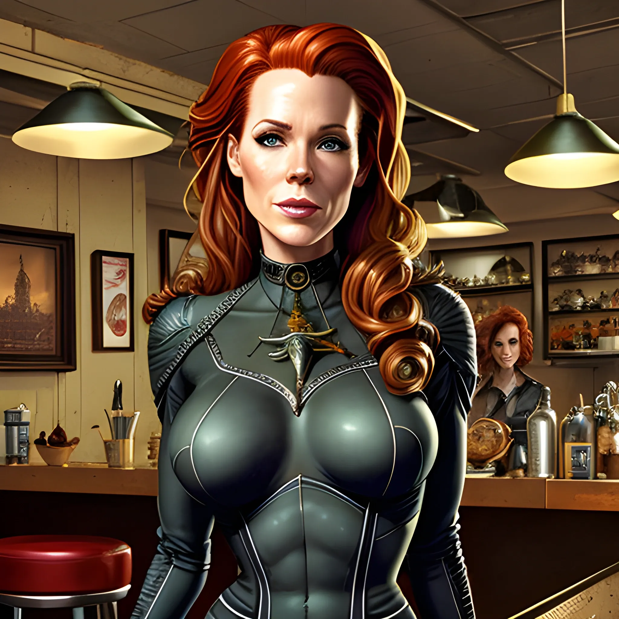 young Robyn Lively in a 50's diner, meticulously detailed eyes, perfect full-length body, perfect anatomy, her highly detailed face, meticulously detailed hair and clothes by artist "Aleksi Briclot" and Russ Mills, Dan Mumford, teen witch 