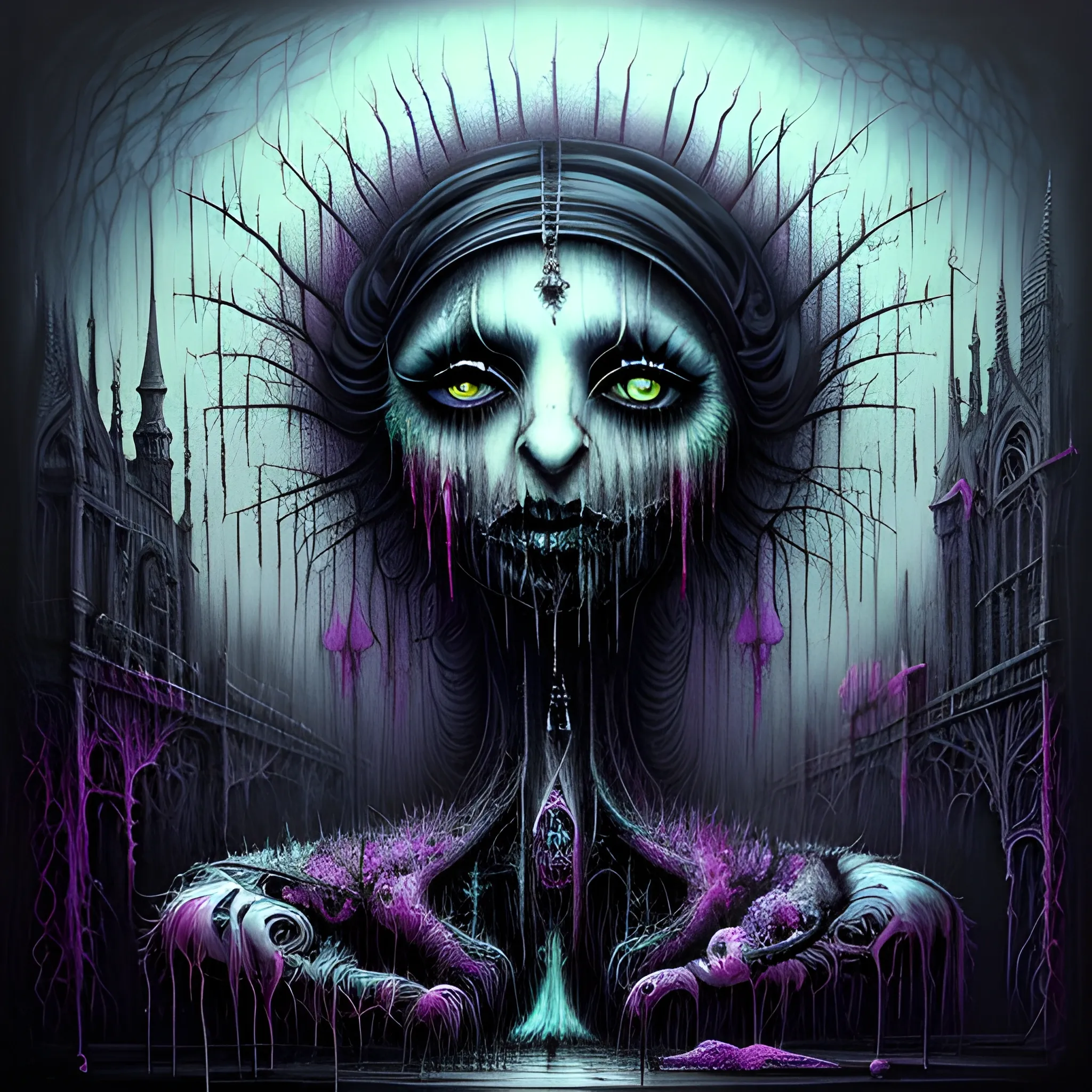  Masterpiece, scenic; NAdia Ali; neon spray paint, acrylic paint, fantastical surrealist world, in the style of Stephen Gammell and Shawn Coss, extremely detailed, sick, gothic, eldritch