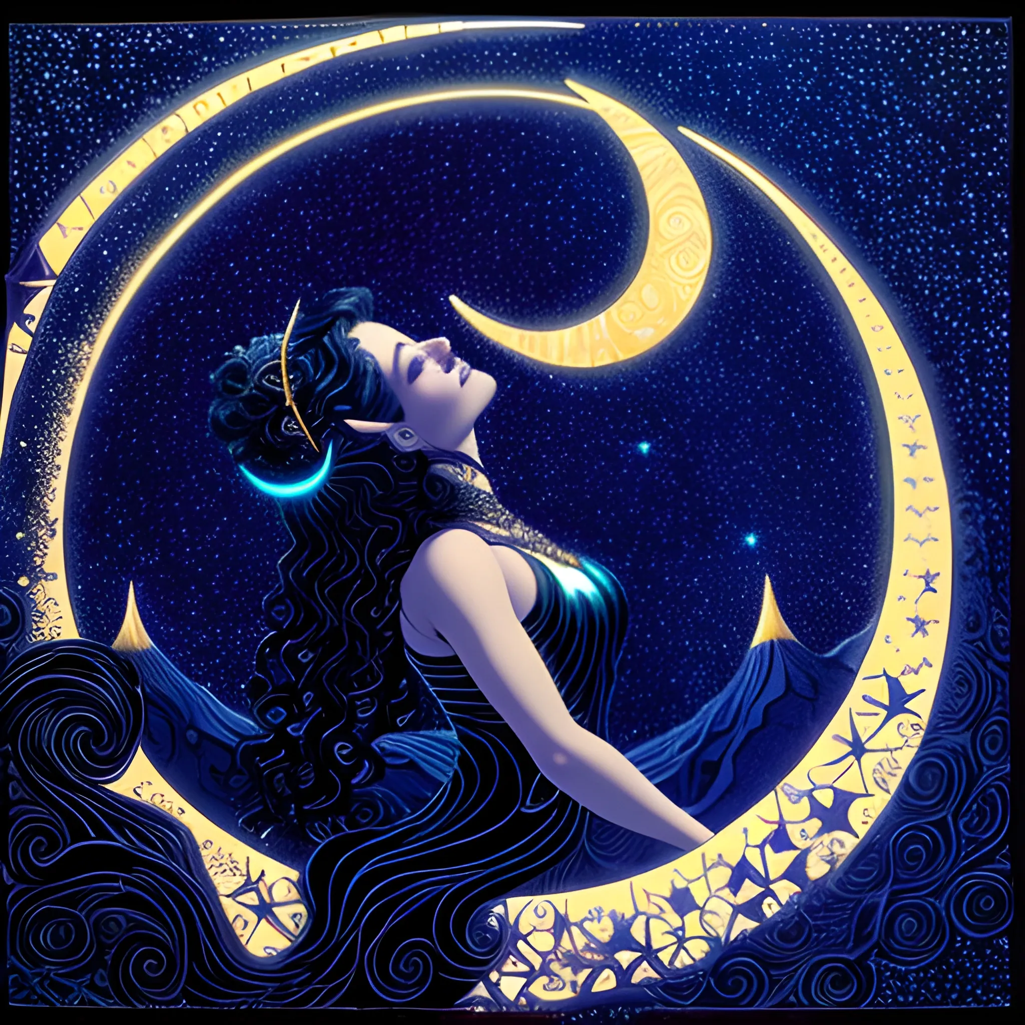 Nyx Goddess of the Night with a crescent moon and many stars in the style of Maxfield Parrish, starry night, James R. Eads